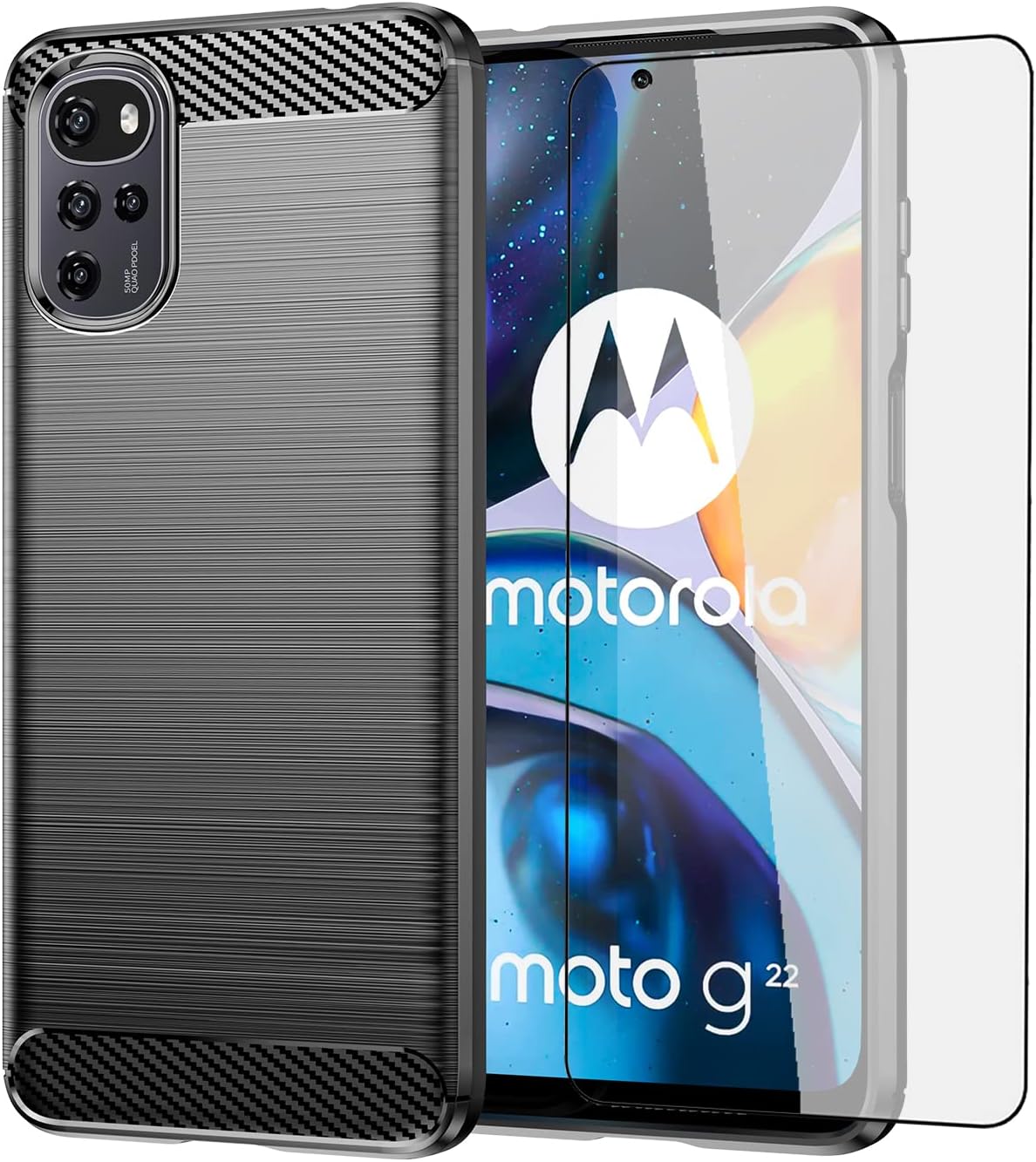 Asuwish Funda para Motorola Moto G22 con protector de pantalla de vidrio templado y accesorios para celda, funda delgada y suave de goma de silicona