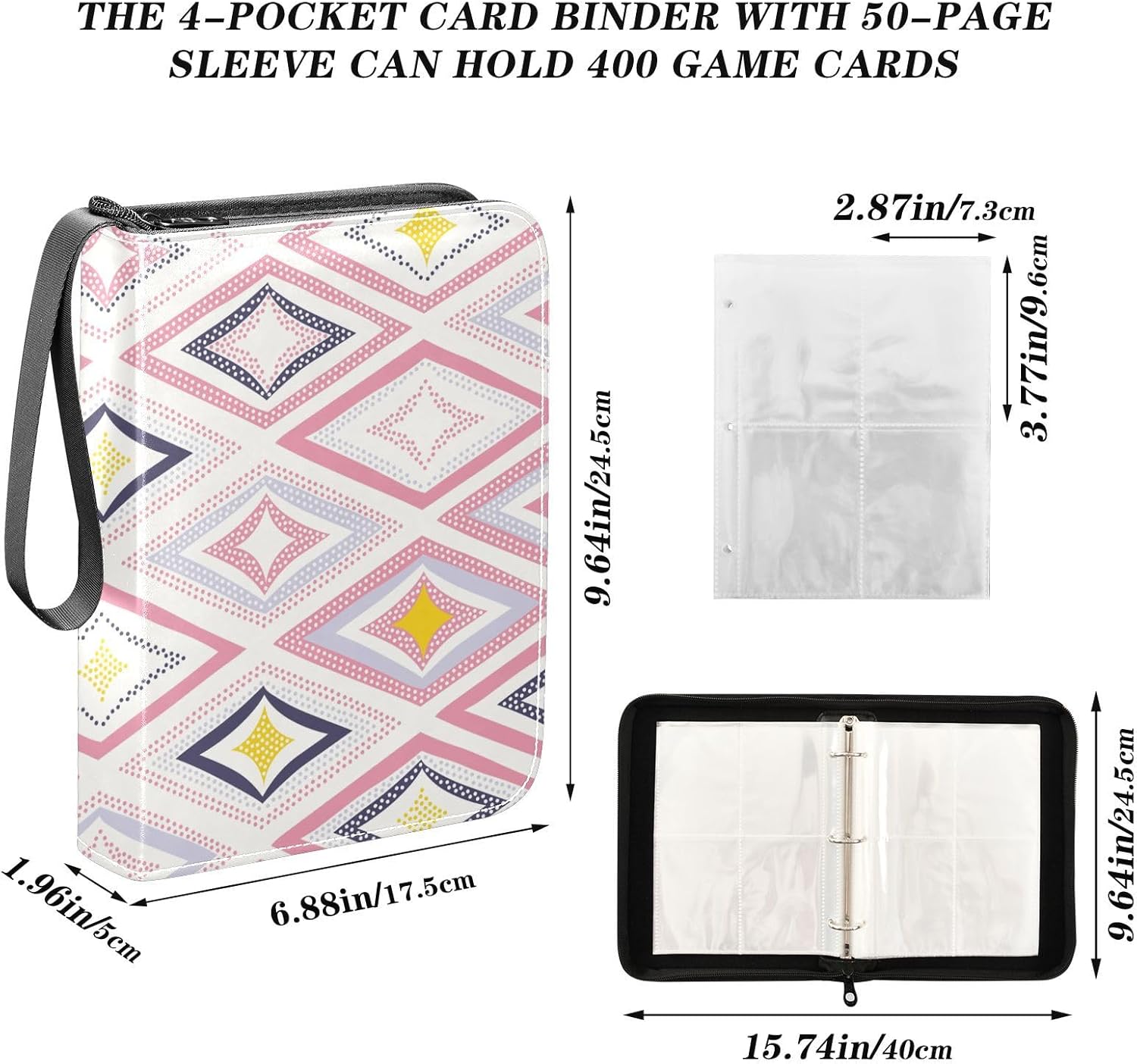 4 Pockets Trading Card Album Holder Book Folder Sports Card Binder Doodle Rhombus 400 Double Side Pockets for 3 Ring Binder Zipper