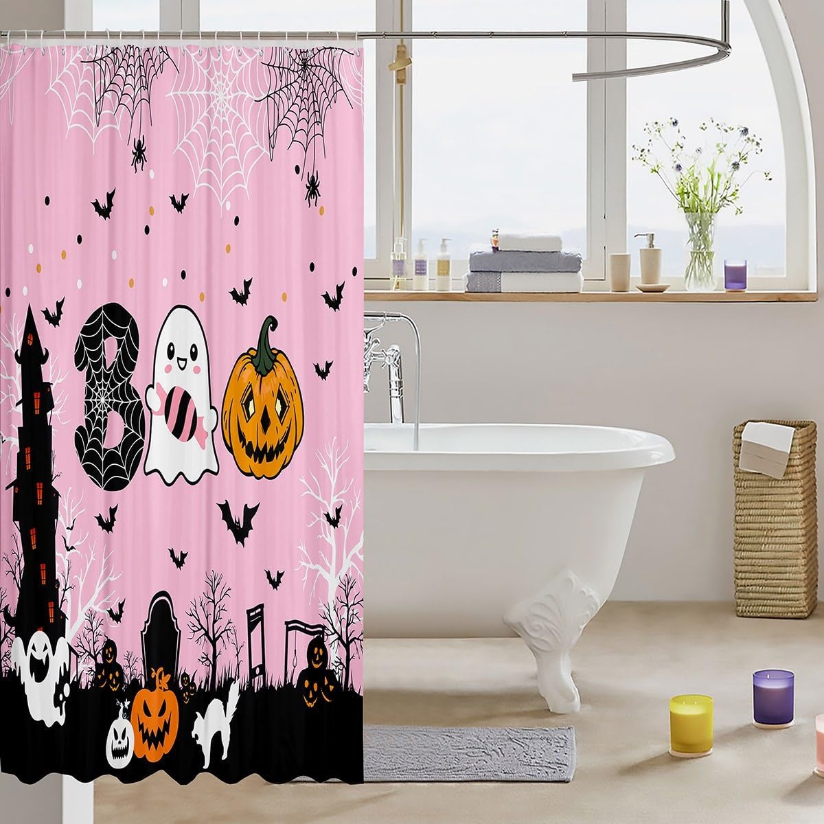 Manfei Cortinas de ducha de Halloween, lindas cortinas de baño impermeables con 12 ganchos, trajes para bañera, cortinas de baño con estampado de