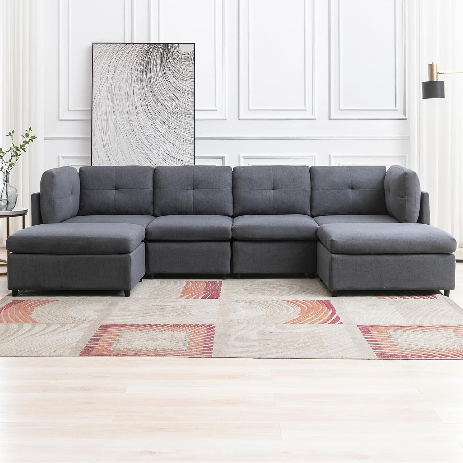 FRETSAE Sofá modular seccional, sofá convertible en forma de U con otomanas extraíbles, diseño capitoné, sofá modular de 6 asientos para sala de