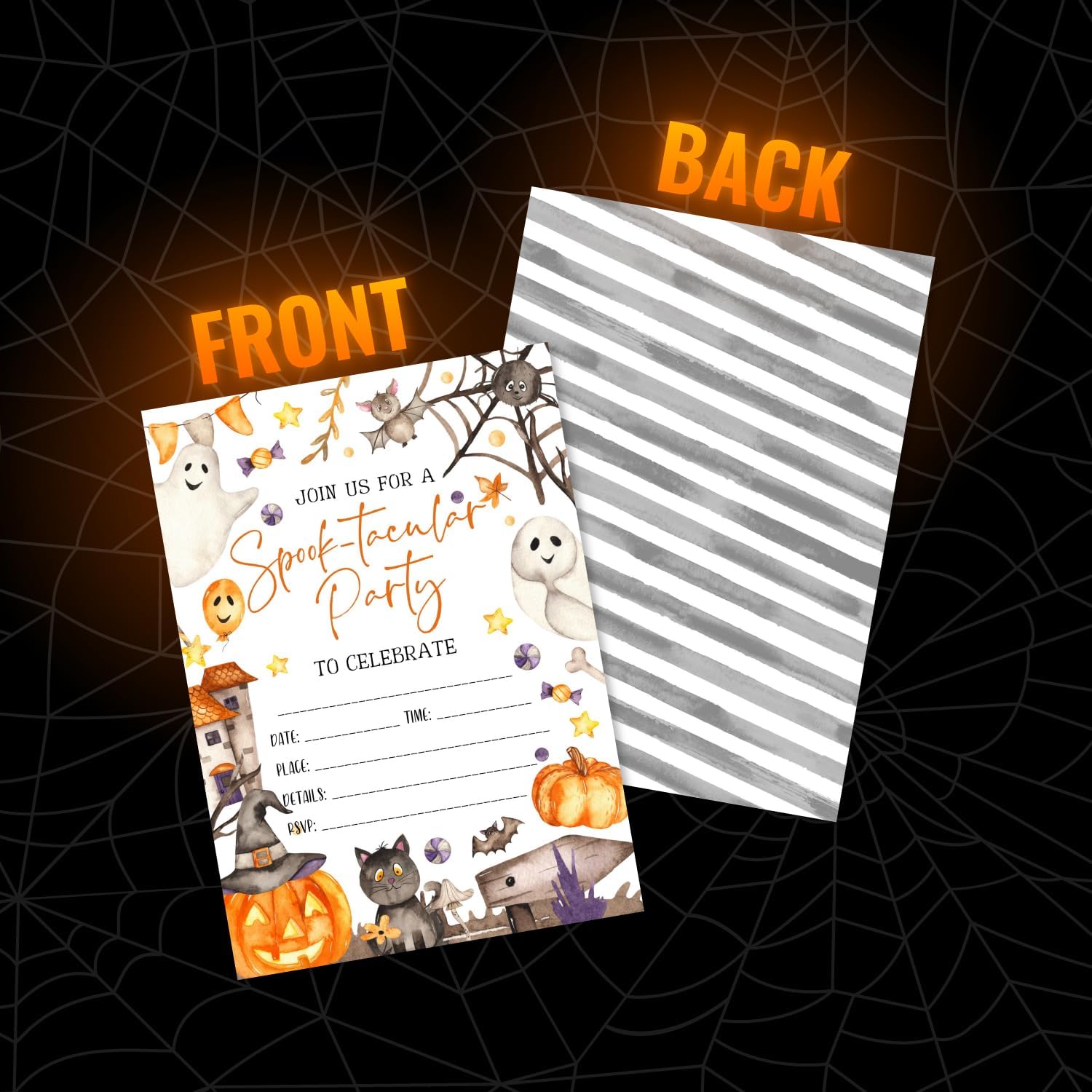 25 invitaciones espeluznantes de Halloween o fiesta de disfraces tarjetas grandes de doble cara de 5 x 7 pulgadas con sobres naranjas, calabaza,