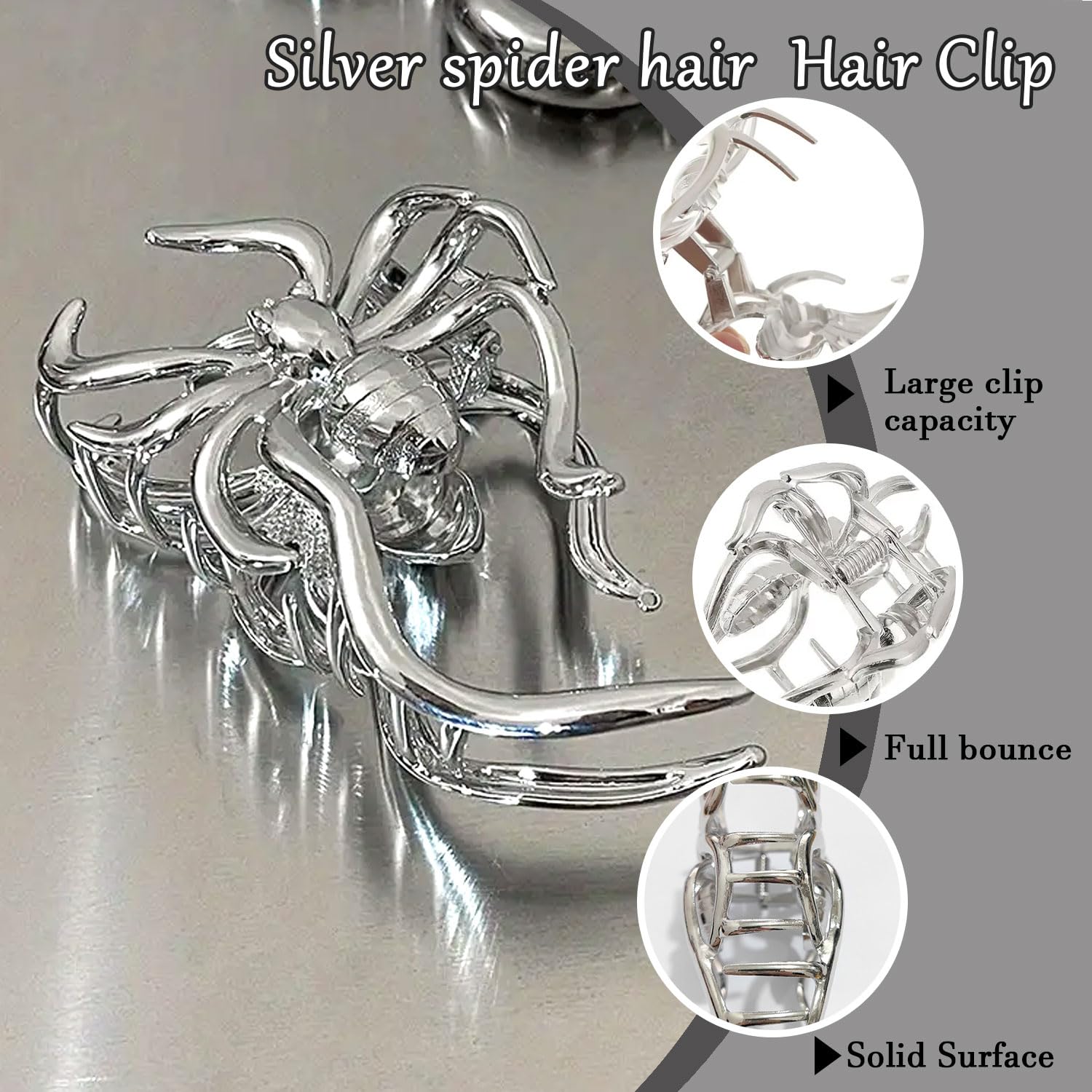 Pinzas de metal para el cabello, pinzas de aleación para el cabello, 1 pinza de metal de araña plateada para el cabello estilo punk y Y2K (araña