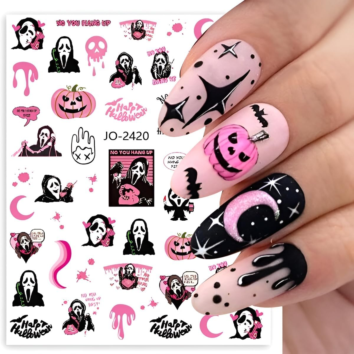 8 hojas de calcomanías de arte de uñas de Halloween, diseño de calavera rosa, fantasma, araña, calabaza, calabaza, suministros de arte de uñas,