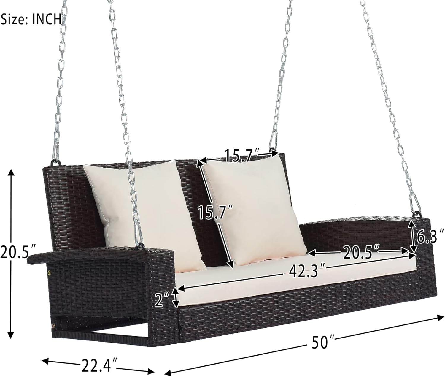 Silla columpio para patio al aire libre para 2 personas con cadenas de acero, sofá biplaza colgante tejido de ratán al aire libre con cojín y