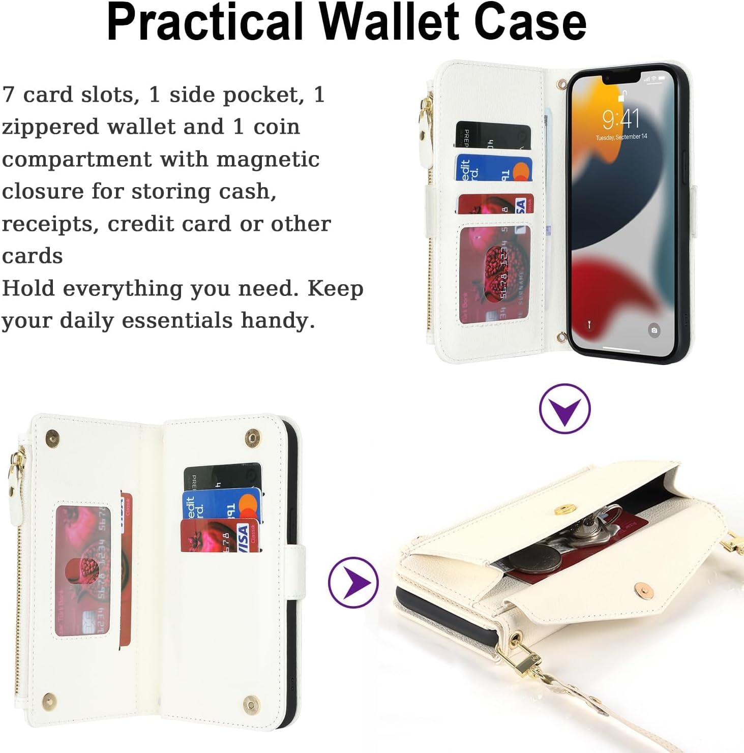 Funda tipo cartera para iPhone 12 Pro Max con tarjetero con cremallera para mujer, iPhone 12 Pro Max, fundas para teléfono, ranuras cruzadas con