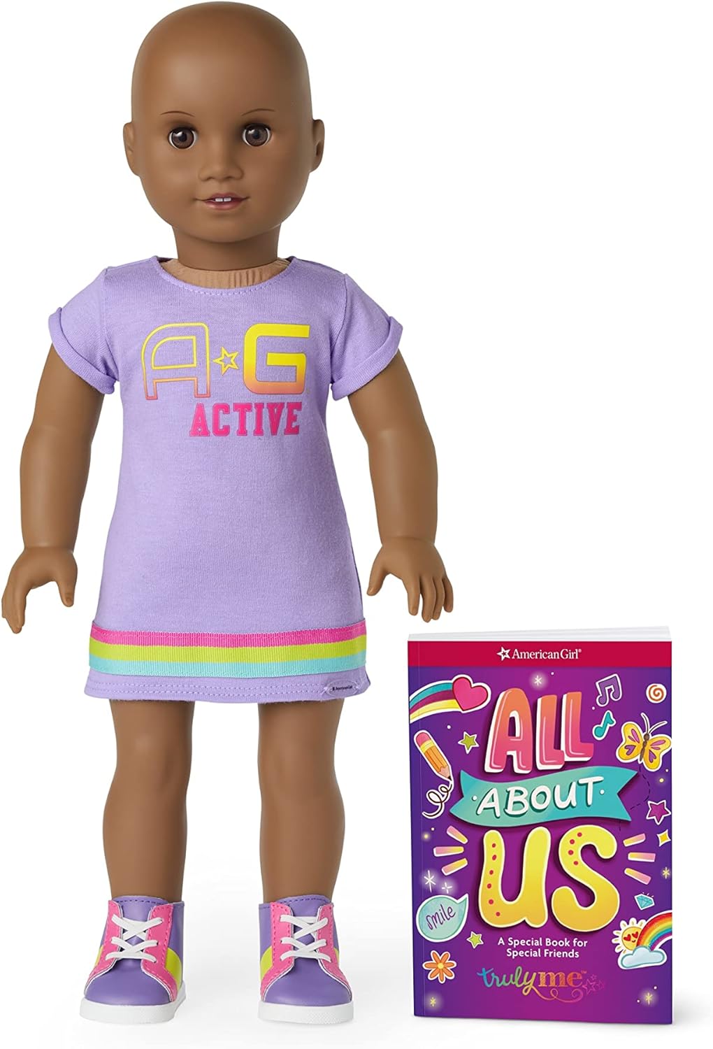 American Girl Truly Me – Muñeca #114 de 18 pulgadas con ojos marrones, sin pelo, piel profunda, vestido de camiseta estampado morado, para mayores