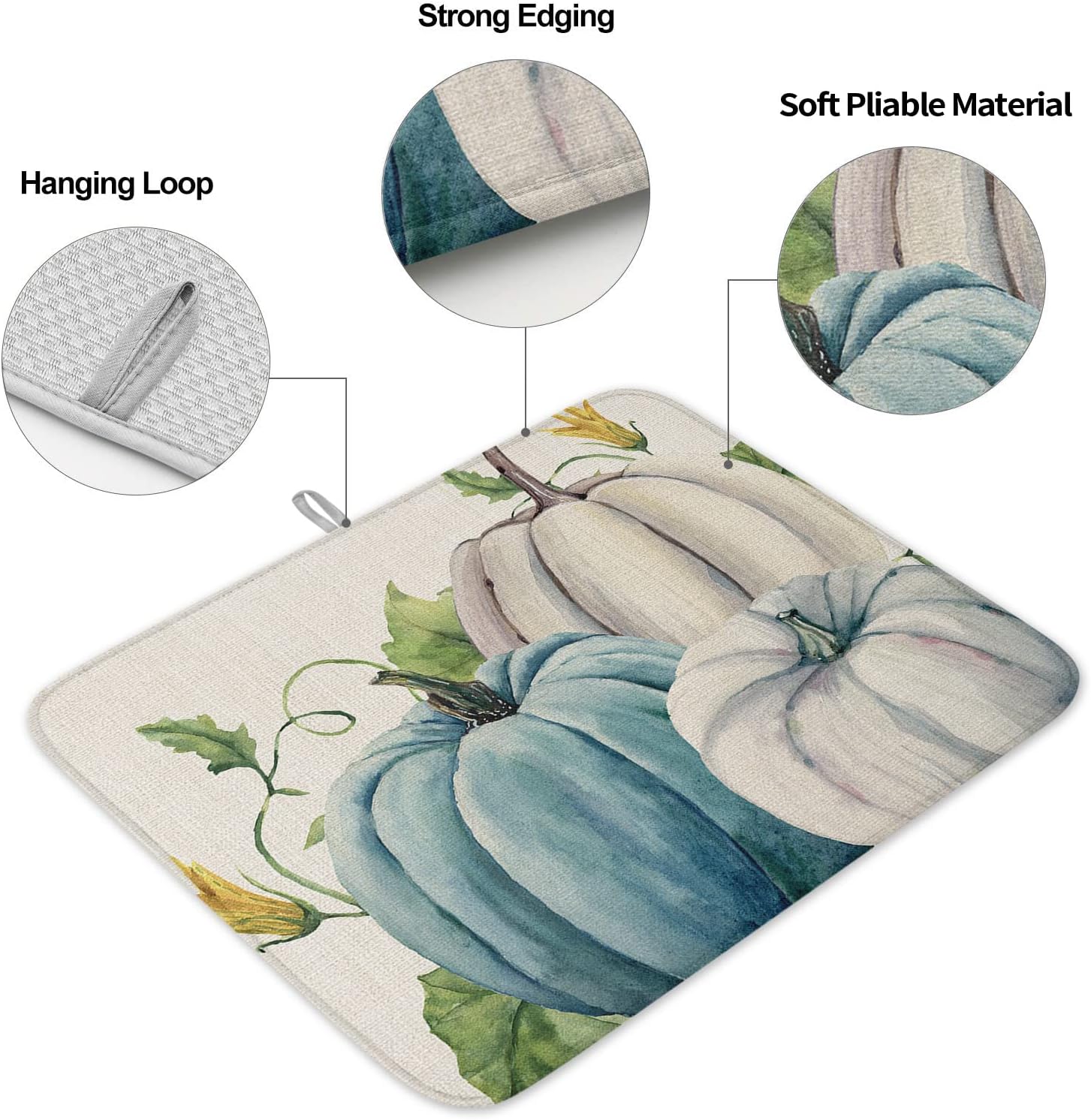 Tapete de secado de platos con calabazas azules y grises para encimera de cocina, hojas florales, hojas de eucalipto de Acción de Gracias,