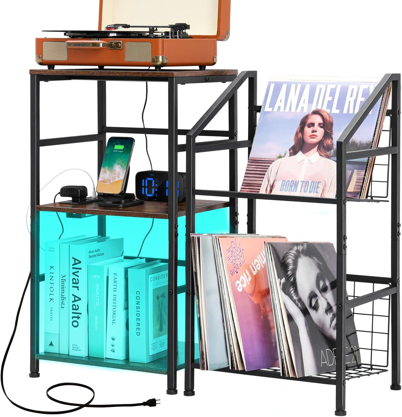 LAKEMID Soporte para tocadiscos con almacenamiento de vinilo, soporte giratorio de 3 capas y soporte de disco de vinilo de acero, mesas auxiliares