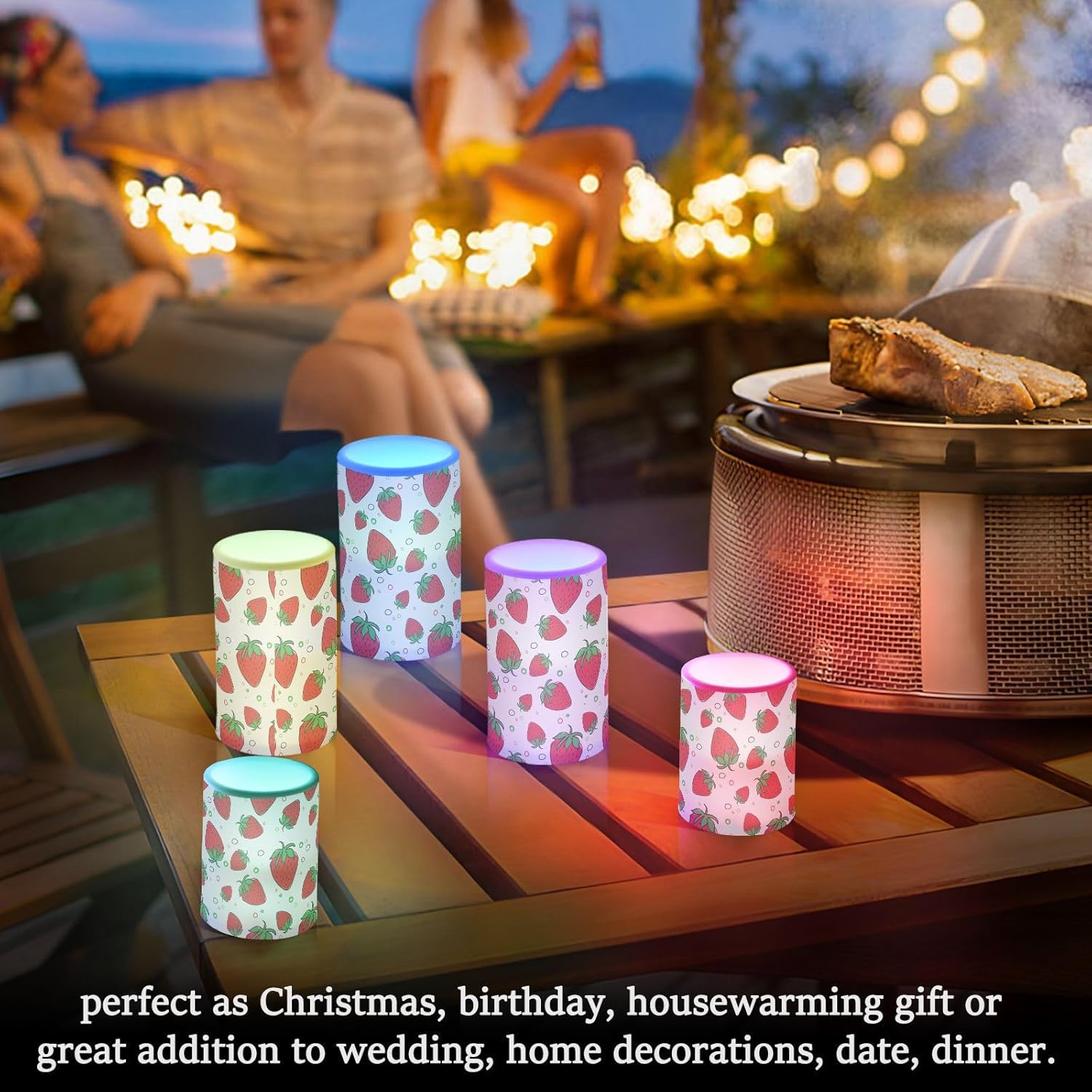 DOMIKING Velas LED eléctricas sin llama de fresas con temporizador, funciona con pilas, velas parpadeantes para centro de mesa, decoración votiva