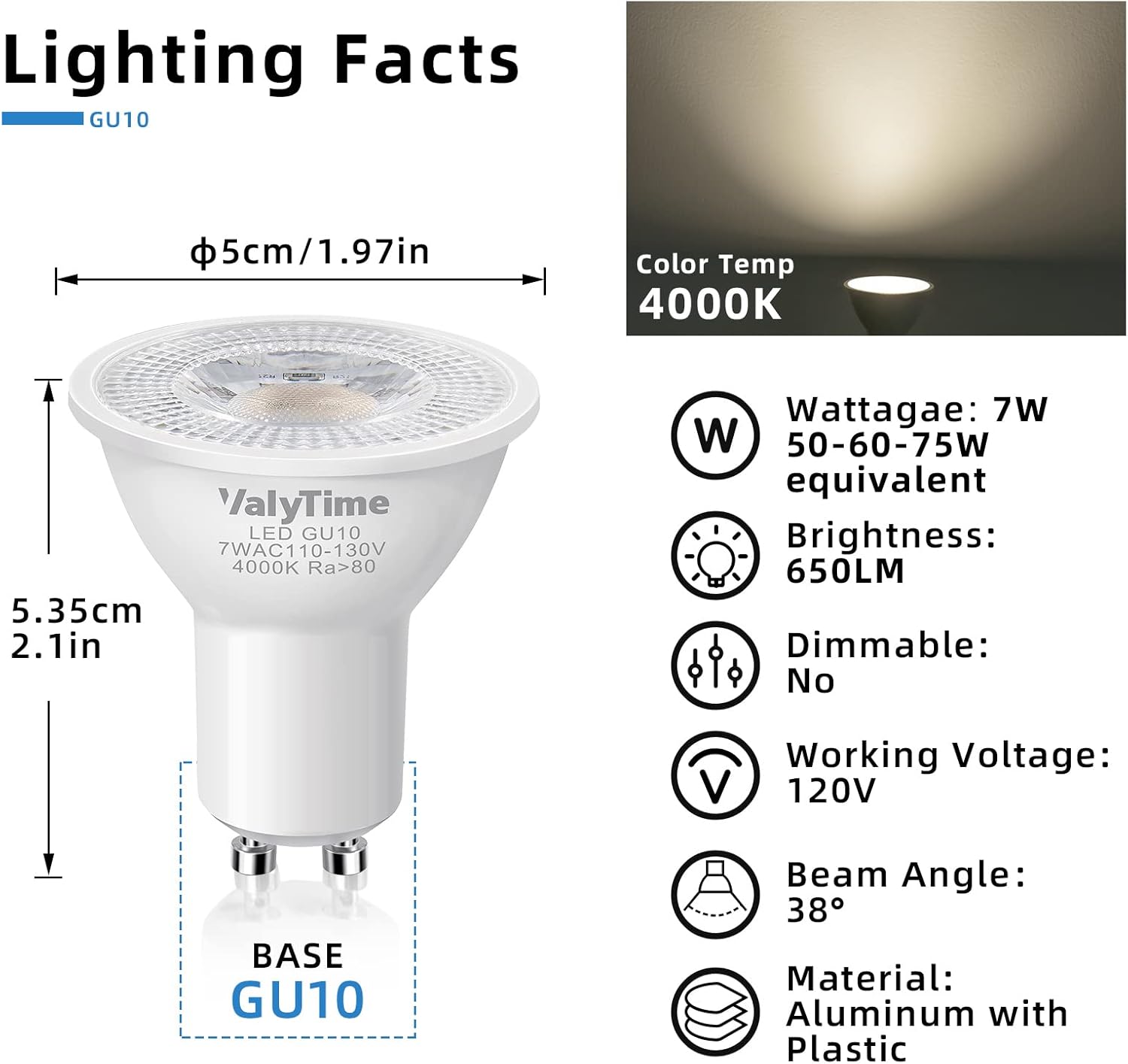 Valytime Bombillas LED GU10 de 7 W (equivalente a 50 W a 60 W-75 W) Bombilla halógena de repuesto con forma GU10 38  120 V 650 Lm no regulable para