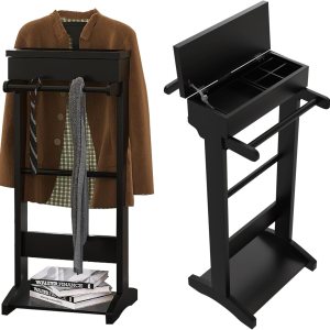 Soporte de valet para hombre, soporte de valet de ropa negra con bandeja superior, cajón, colgador de corbata y cinturón y zapatero, uso en entrada, Soporte de valet para hombre, soporte de valet de ropa negra con bandeja superior, cajón, colgador de corbata y cinturón y zapatero, uso en entrada,