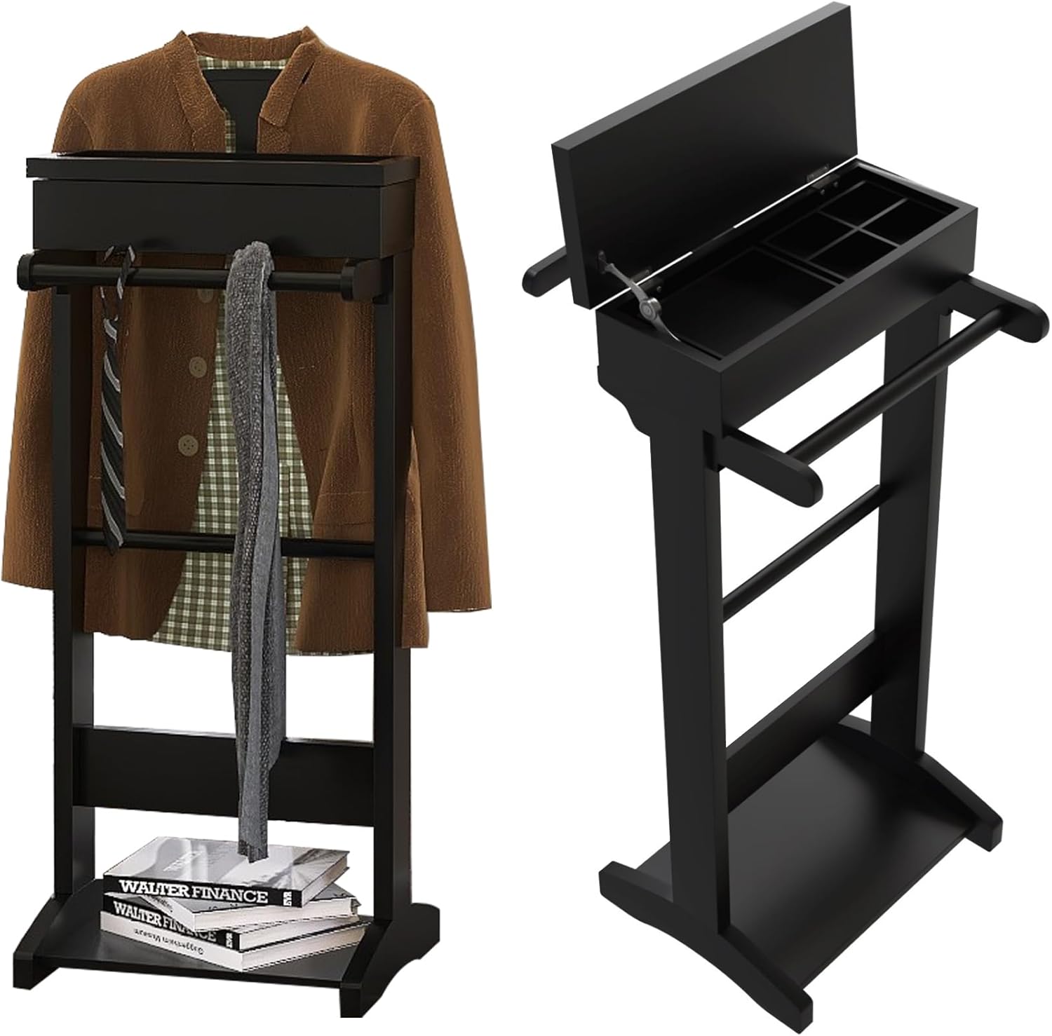 Soporte de valet para hombre, soporte de valet de ropa negra con bandeja superior, cajón, colgador de corbata y cinturón y zapatero, uso en entrada,