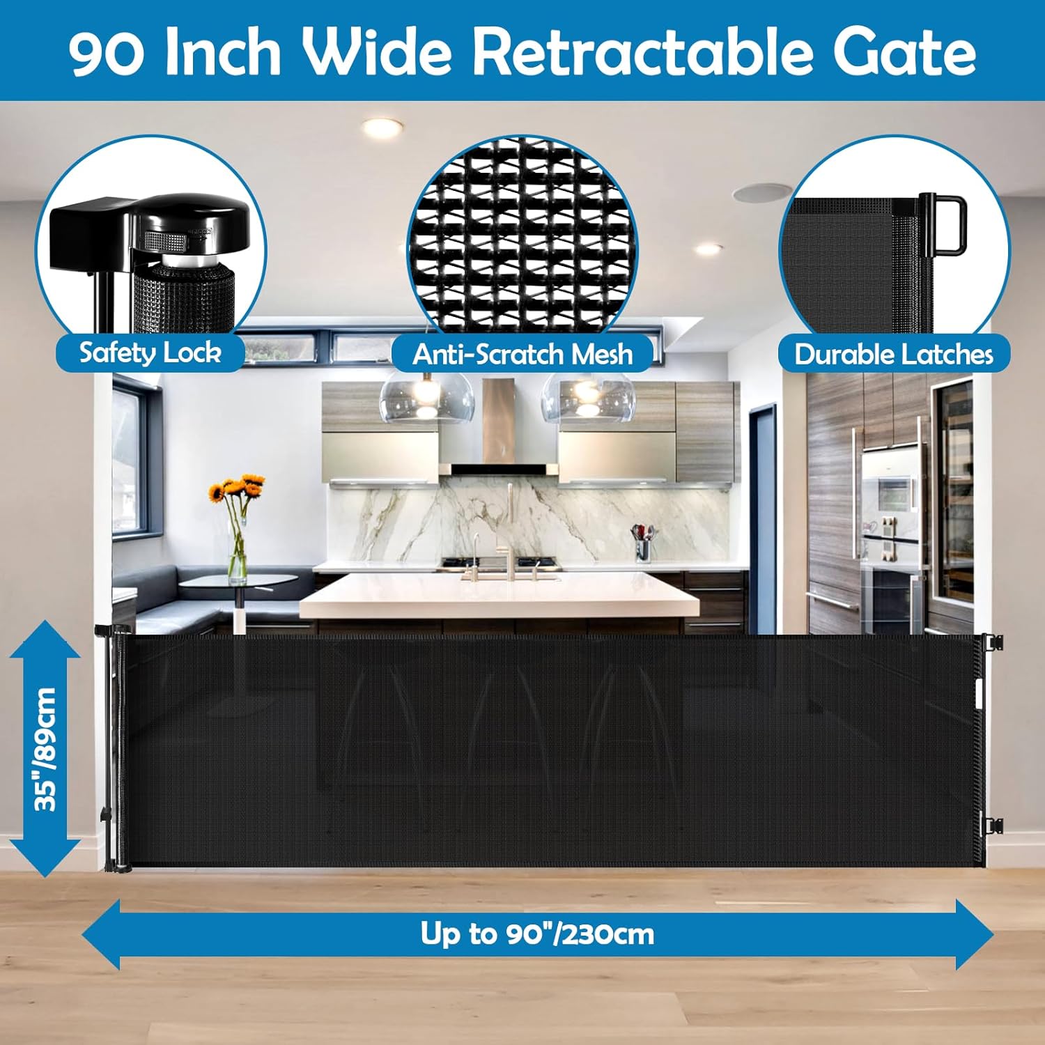 Puertas retráctiles para bebés de 90 pulgadas, puerta extra ancha para perros, puerta retráctil para exteriores, puerta larga para bebés para