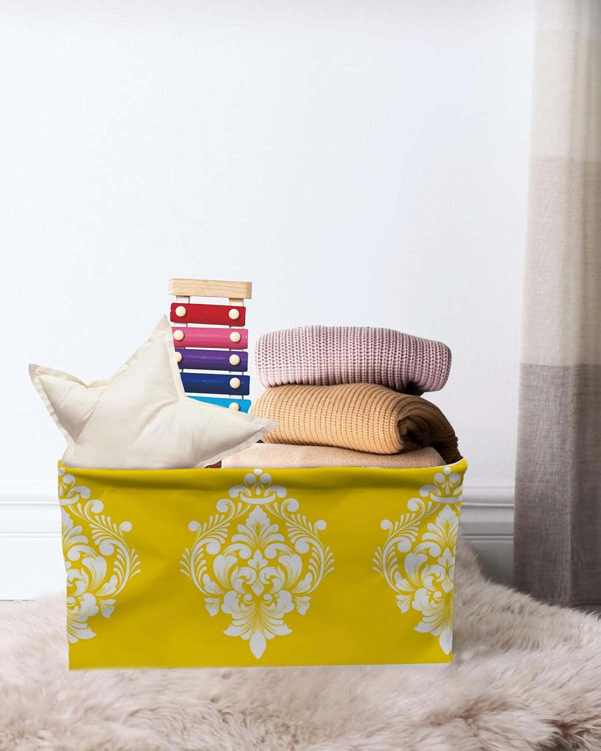 Yellow Paisley Storage Basket for Organizing Shelves, Collapsible Storage Bins Boxes with Handle, Luxurious Modern White Abstract Art Aesthetics