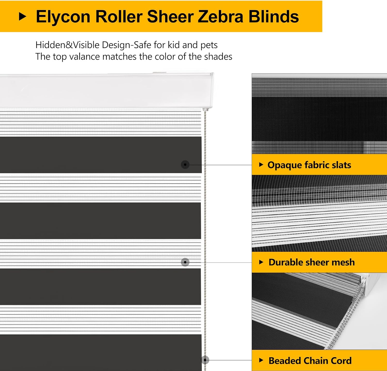 Persianas enrollables tipo cebra opacas negras, persianas filtrantes de luz de privacidad para ventanas, material grueso con cadena de cuentas de