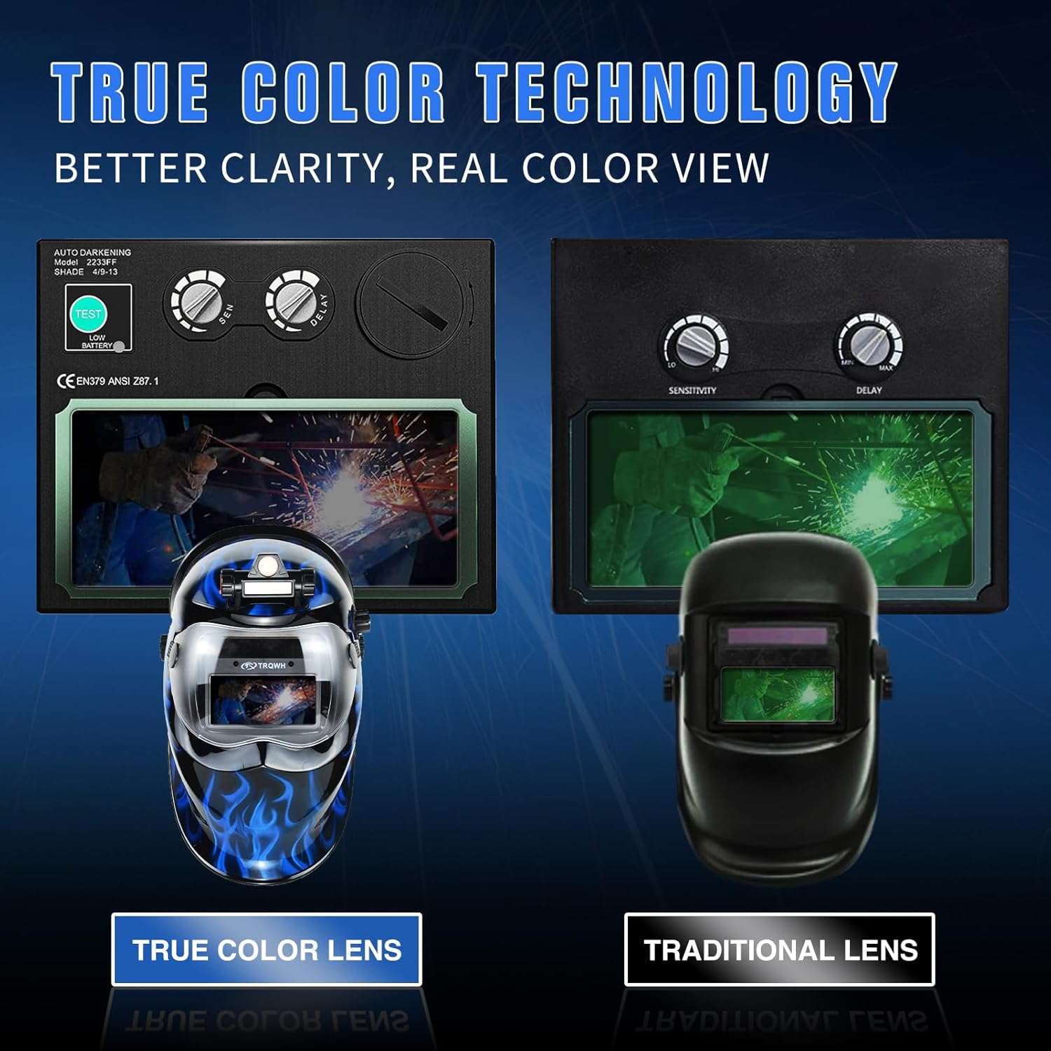 Casco de soldadura de oscurecimiento automático con campana de soldadura de color verdadero con luz solar 2 sensores de arco amplia sombra 9-13