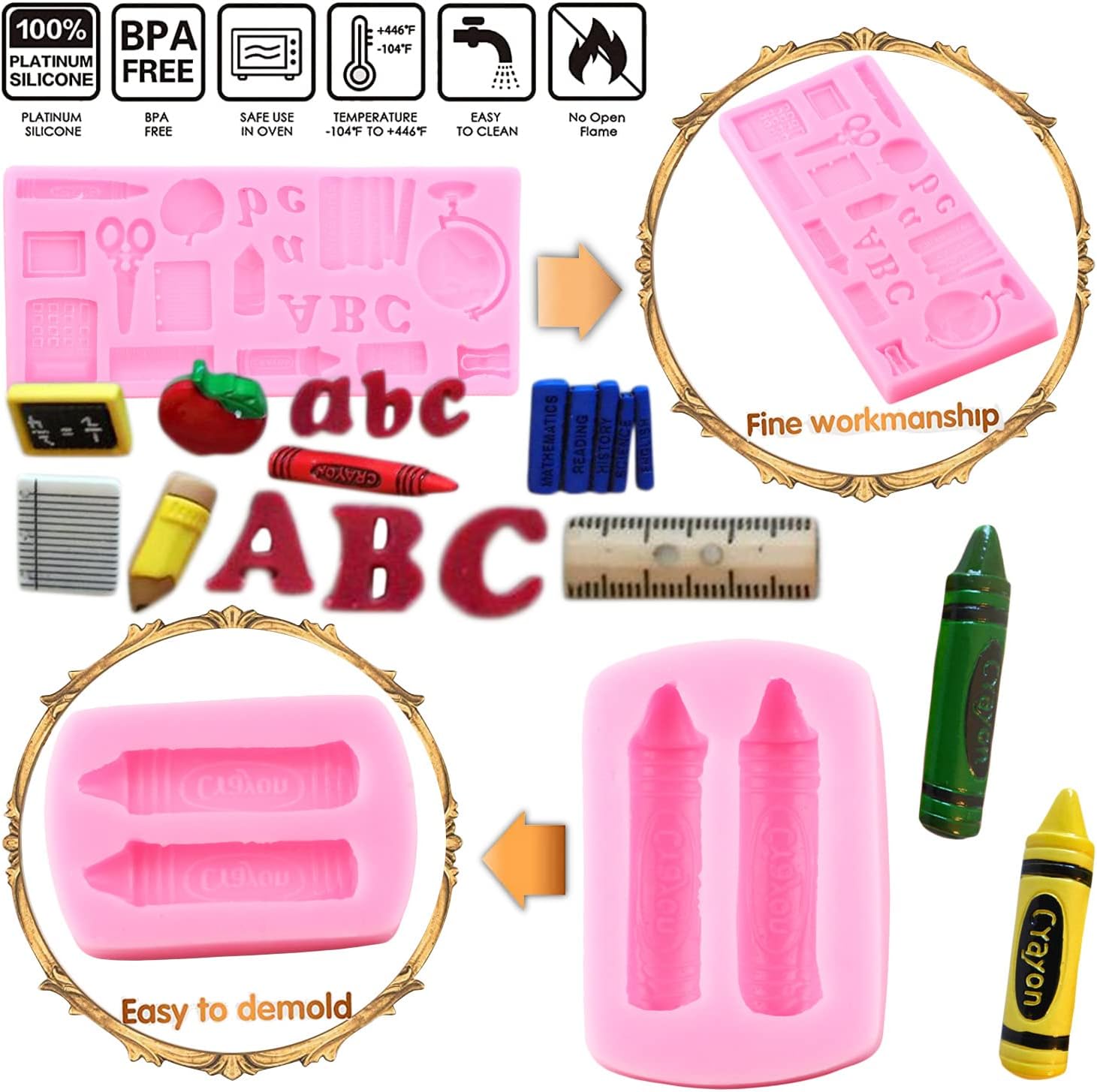 Mujiang Moldes de silicona para el regreso a clases, bolsa escolar, libro de tijeras, paleta de dibujo, moldes para fondant, para decoración de