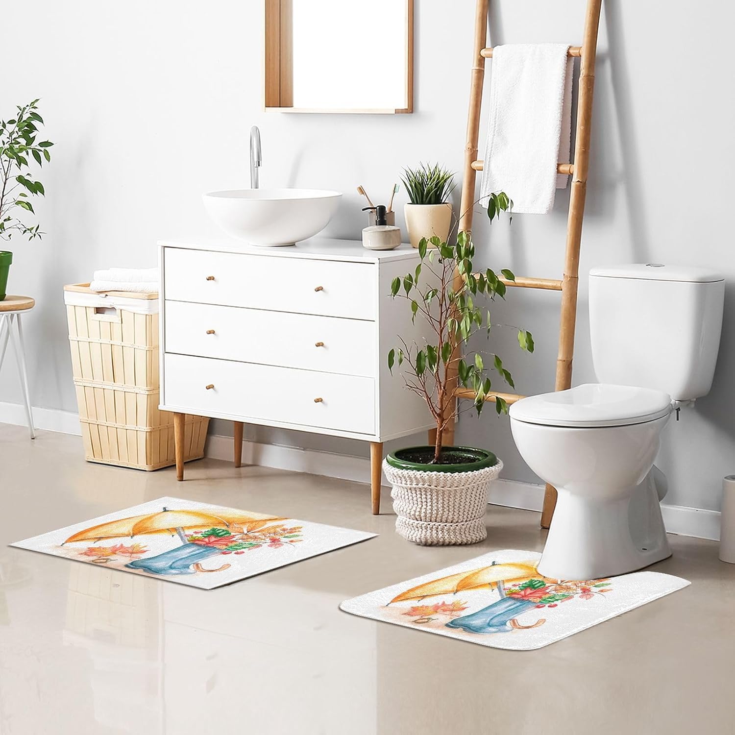 Bathroom Rugs Sets 2 Piece 24×16+24×20 Inch,Soft U-Shaped Contour Toilet Rug Umbrella Boots Maple Leaves Non-Slip Absorbent Bath Floor Mat Carpet