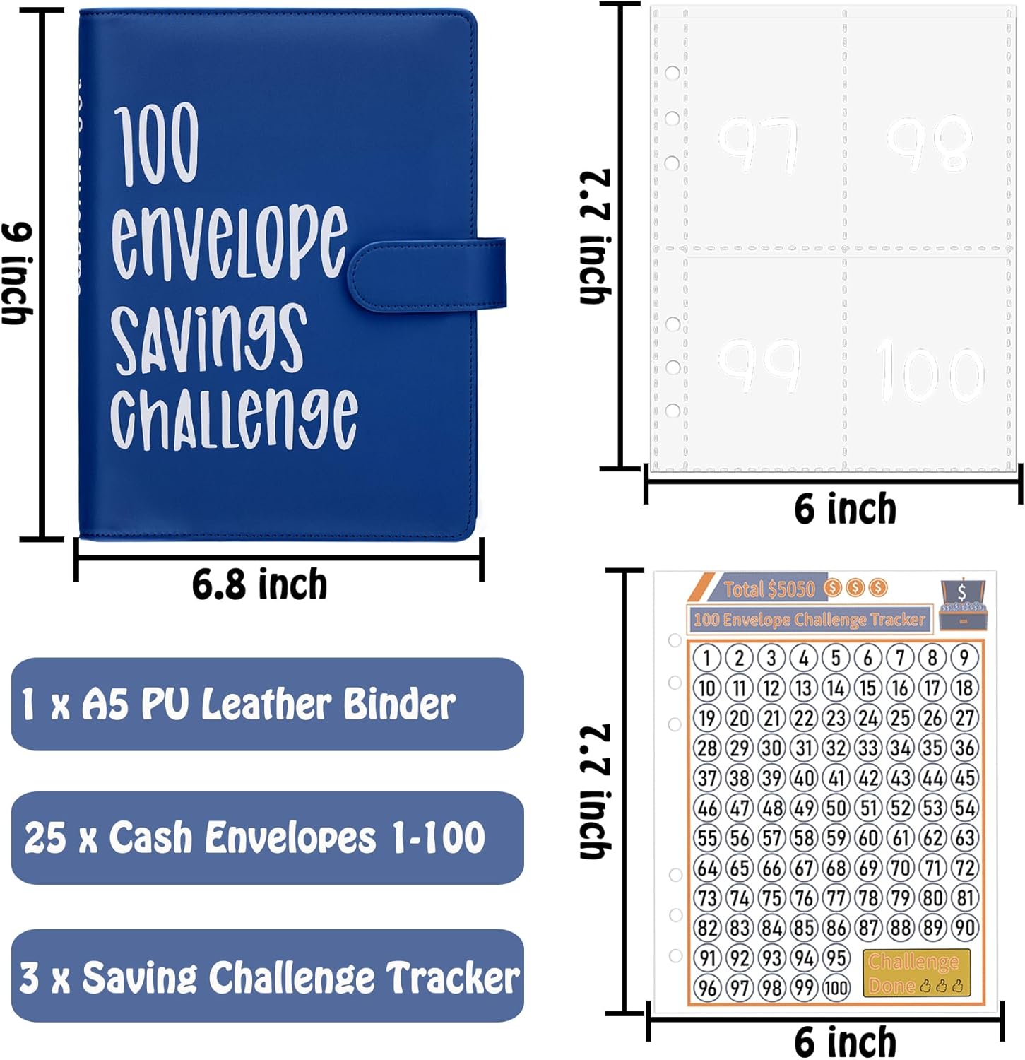 Carpeta de desafíos de ahorro de dinero con 100 sobres, carpeta de presupuesto A5 con sobres de efectivo, libro de desafíos de ahorro para ahorrar