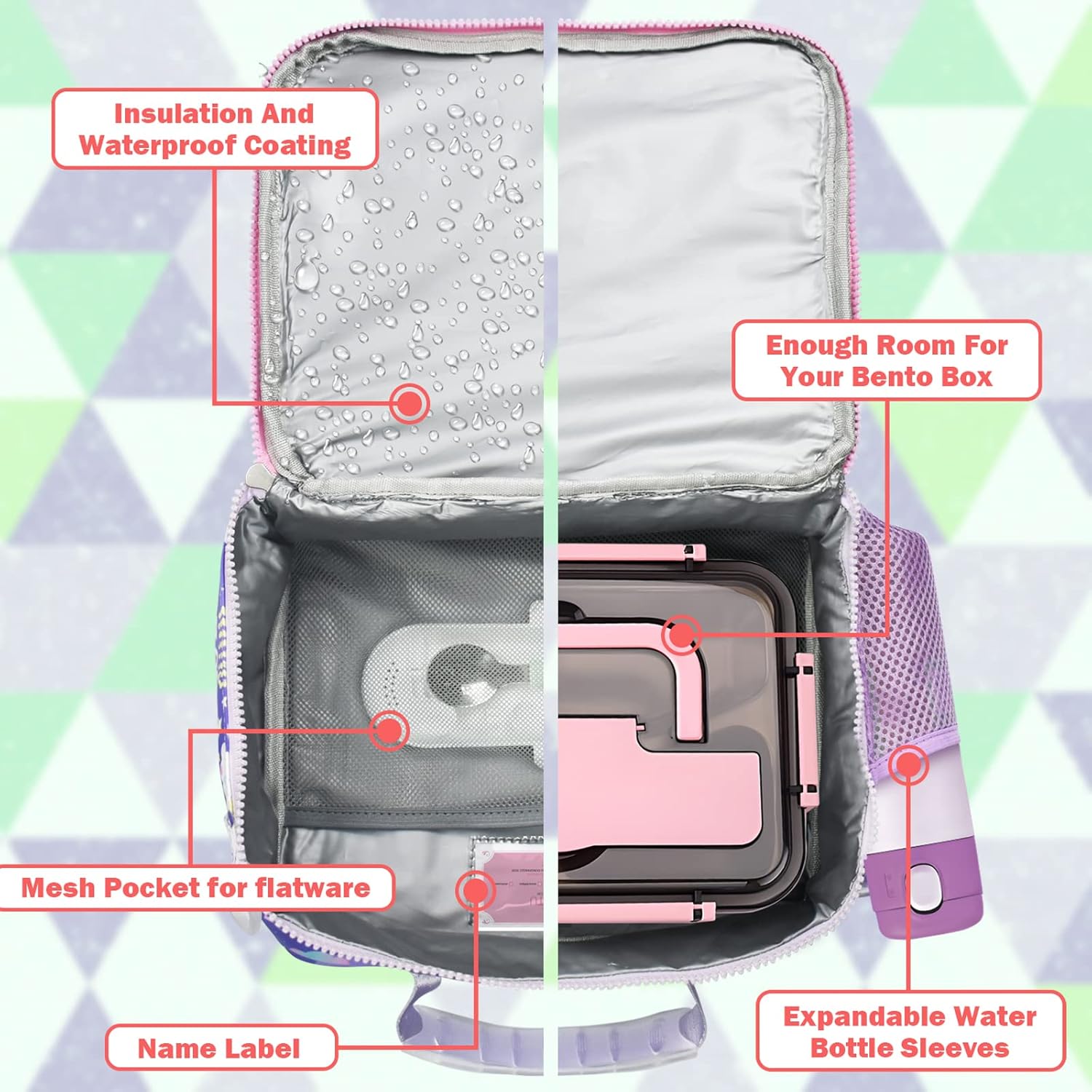 Purple Cat – Lonchera unisex para niños y niñas, de aluminio, con soporte para botella de agua, aislada, sin BPA, fácil de limpiar, gran habitación