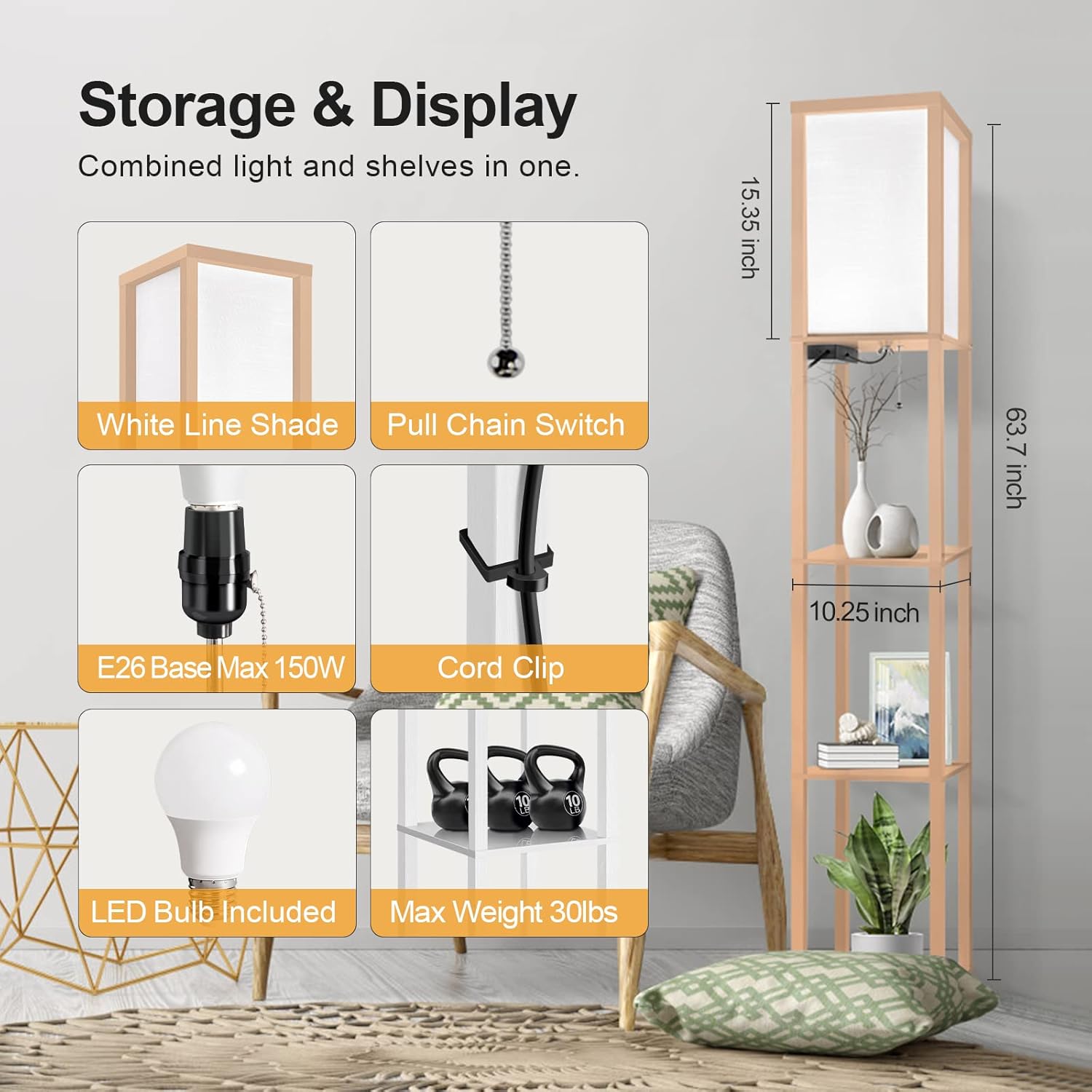 Outon – Lámpara LED de pie con estantes tipo columna, moderna y con puerto USB y toma de corriente, con almacenamiento hecho de madera, pantalla con