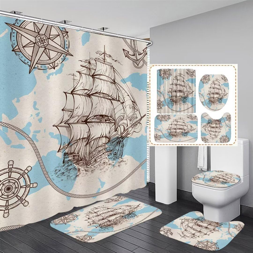 Juego de 4 cortinas de ducha náuticas para baño, juego de cortina de ducha azul con alfombras, cubierta de tapa de inodoro y tapete de baño,
