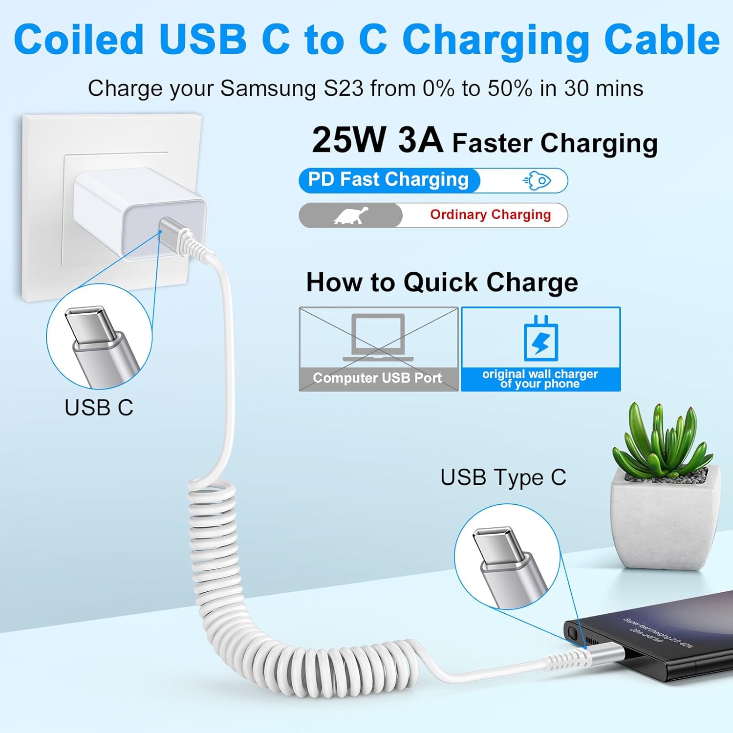 Samsung – Cargador de coche de carga rápida tipo C, cable de alimentación USB C para teléfono celular, paquete de 2 unidades de 3 pies y 6 pies para