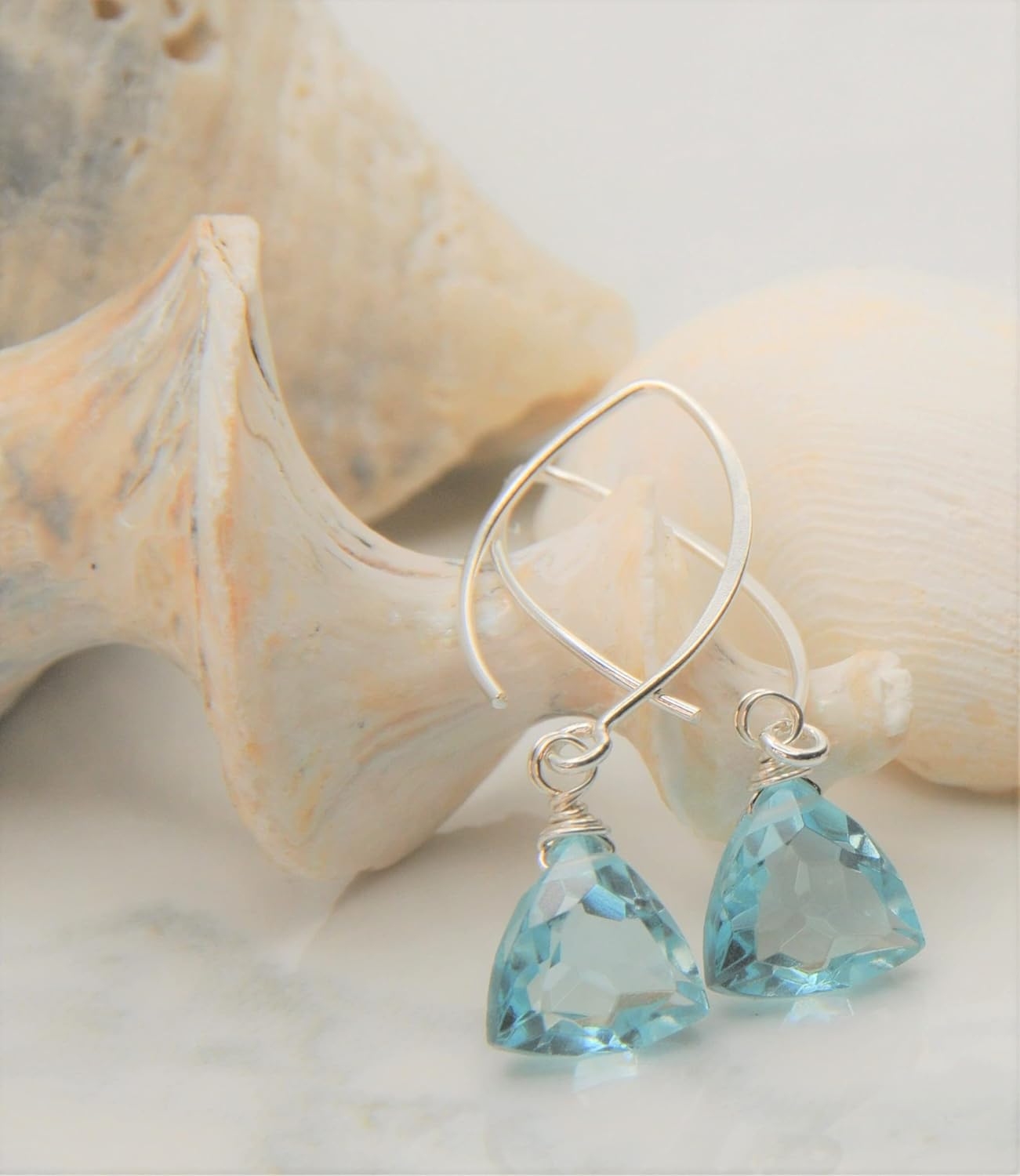 Handmade Dangle Earrings for Women – Aquamarine Blue Quartz Sterling Silver Earrings in Gift Box – Sparkly Blue Quartz Trillion – Lightweight