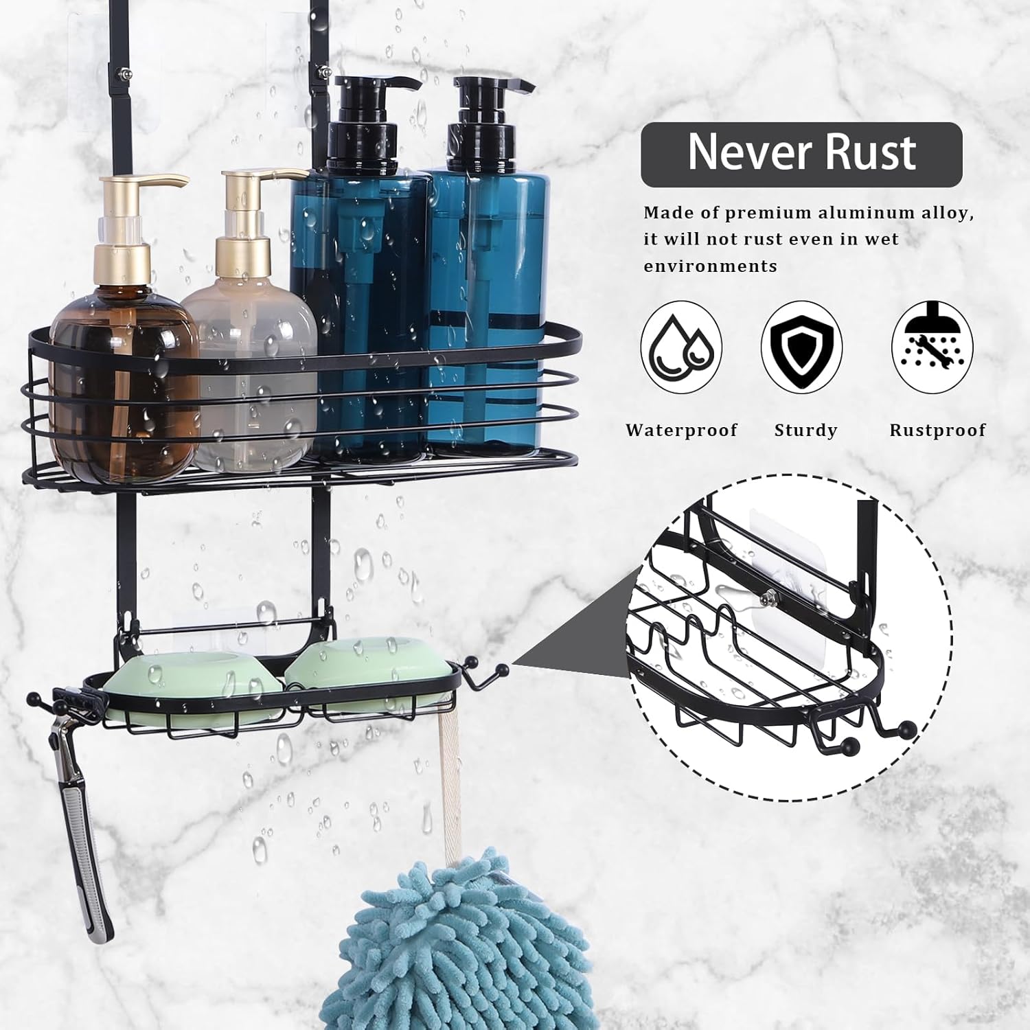 HEOMU Organizador de ducha colgante para baño, estantes organizadores de ducha con 4 ganchos, resistente al óxido e impermeable para champú,
