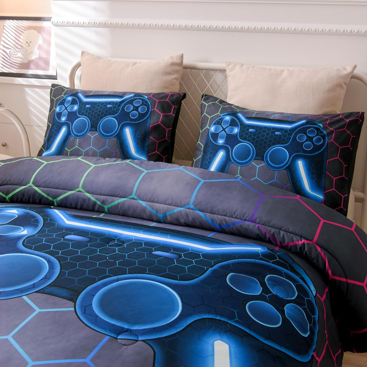 NTBED Juego de edredón de consola de videojuegos para niños y niñas 3D con diseño geométrico de microfibra ligera (multicolor, tamaño individual, 5