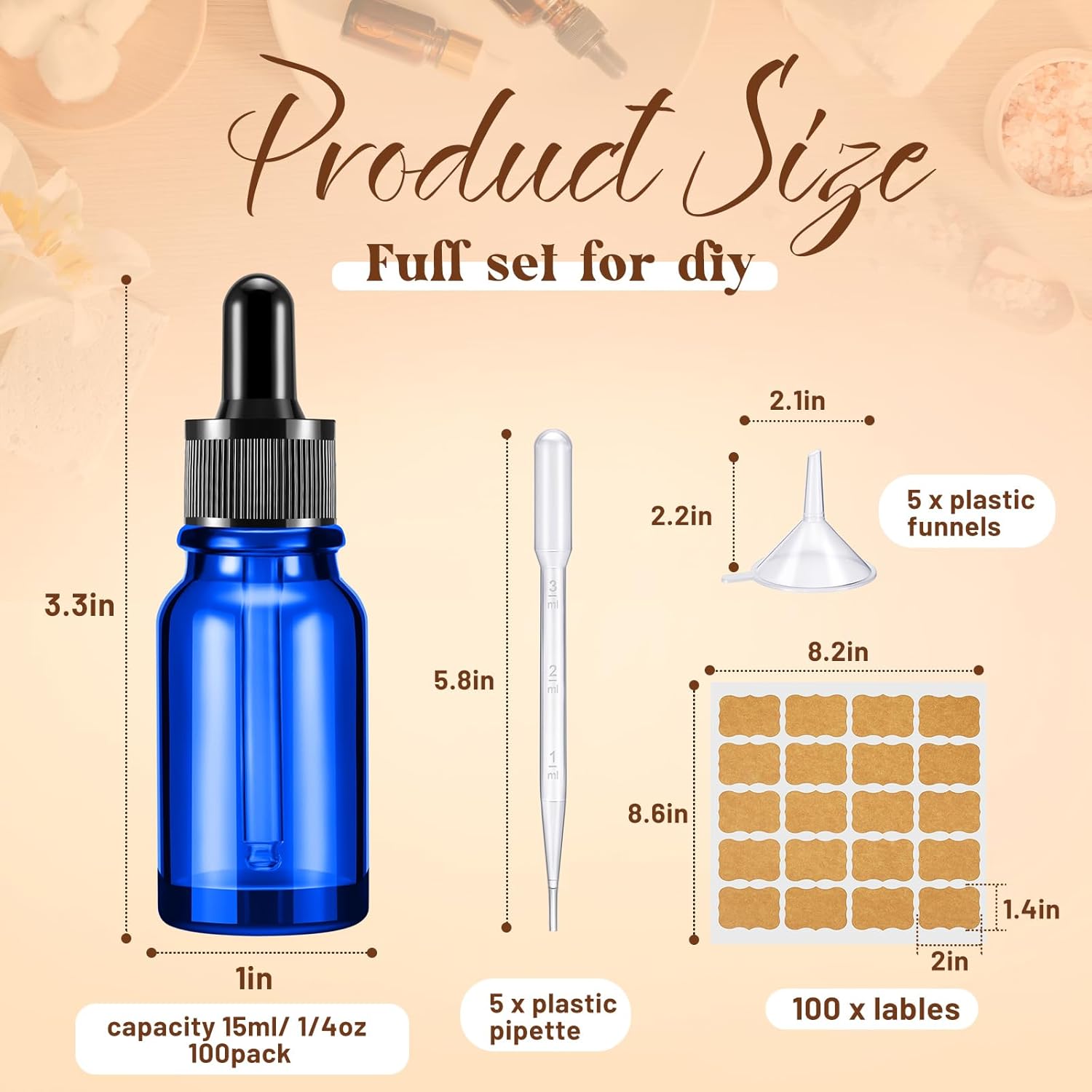 Lallisa Paquete de 100 botellas con cuentagotas de aceite esencial con dispensador de cuentagotas de ojos con 5 embudos, 5 pipetas de 0.1 fl oz, 100
