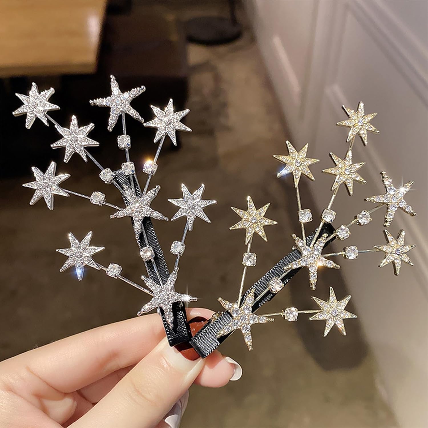 auwiyd 4 pinzas para el cabello con diseño de estrellas de cristal, diamantes de imitación de lujo de cinco puntas, accesorios para el cabello para