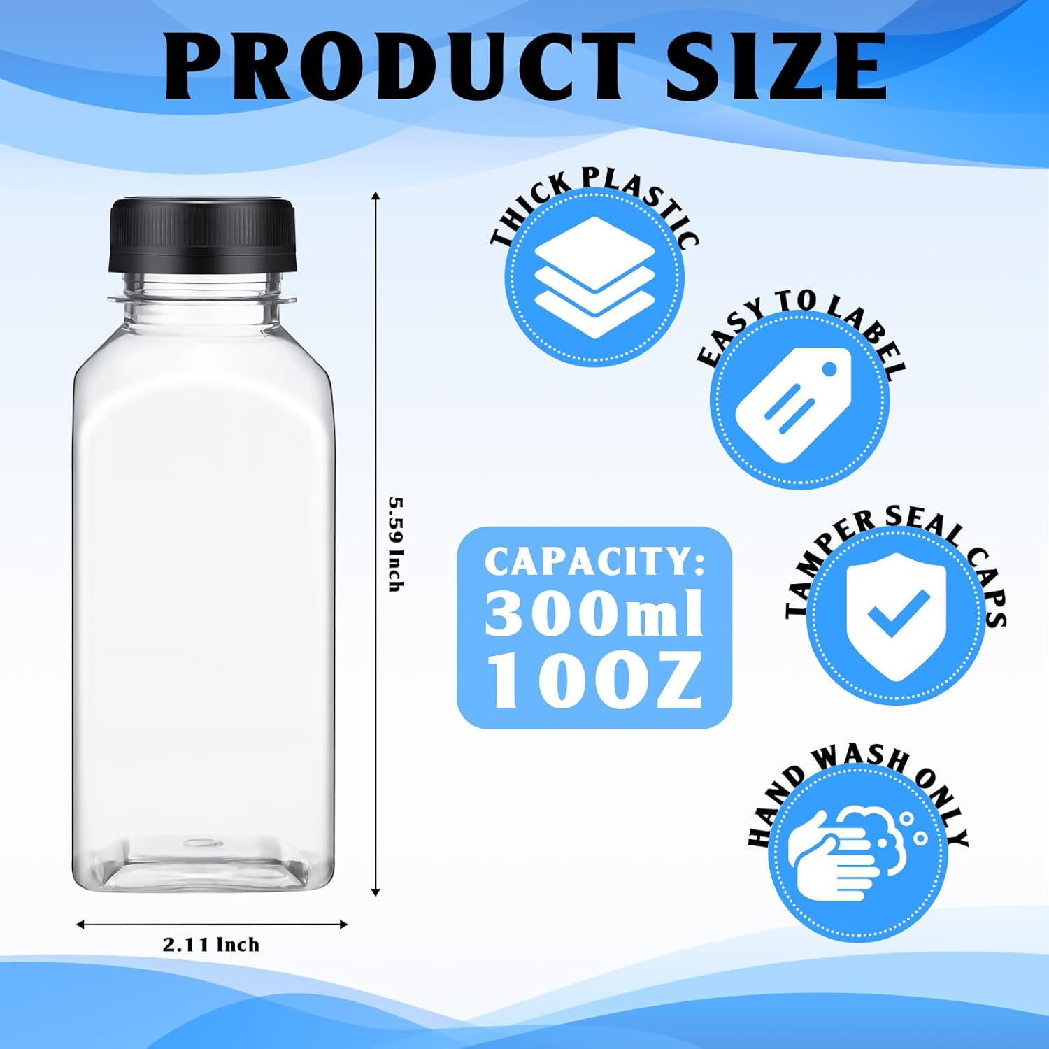 Zhehao 200 botellas vacías de plástico de 10 onzas con tapas, recipientes cuadrados transparentes para bebidas, pequeñas botellas reutilizables para