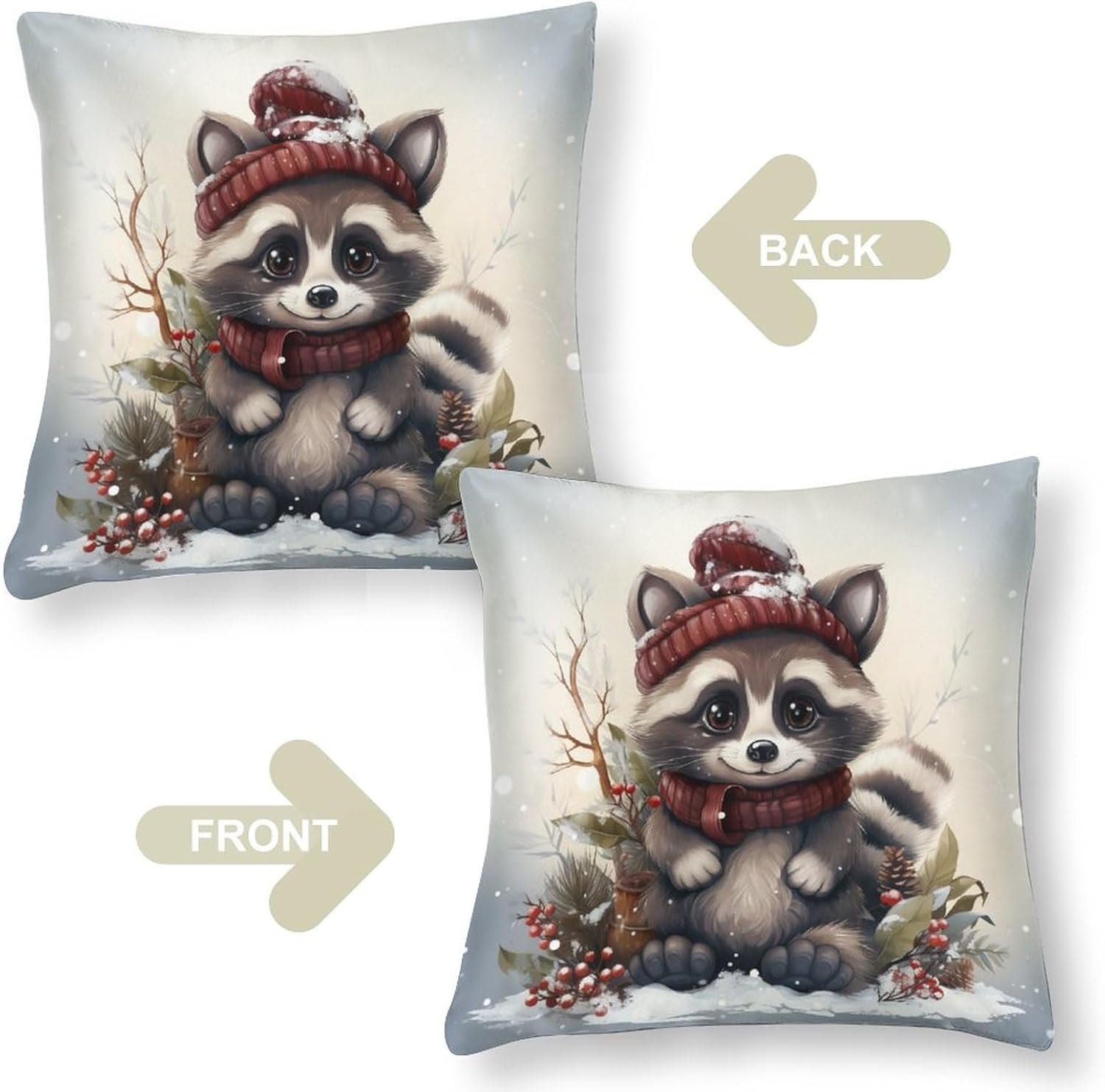 Fundas de almohada de satén con diseño de mapache de dibujos animados, Navidad, nieve, invierno, funda de almohada cuadrada de bosque natural con