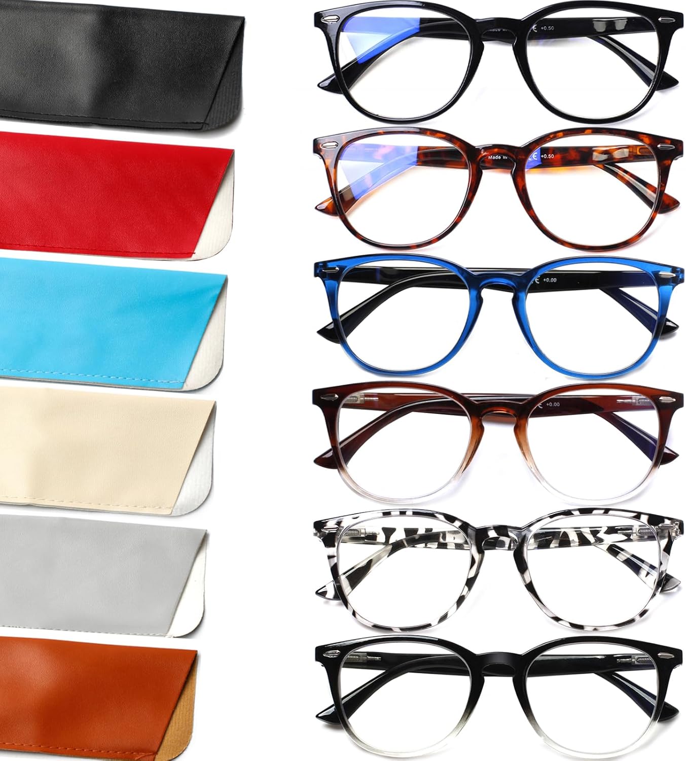Henotin Paquete de 6 lentes de lectura para mujeres y hombres, bloqueo de luz azul, elegantes lectores de computadora con funda de cuero