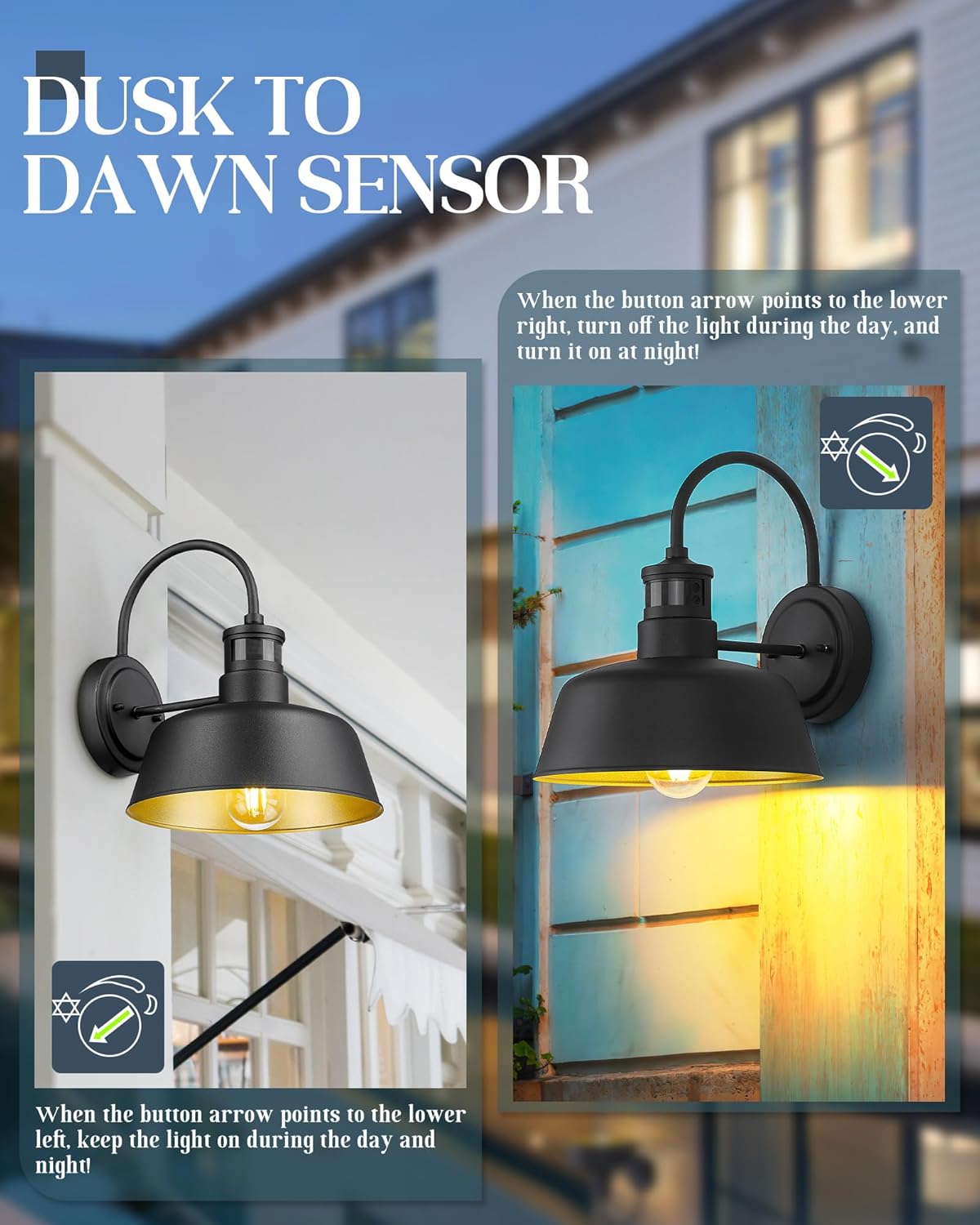 Seovix HS2213-2 – Luz de porche de 12 pulgadas, con sensor de movimiento negro mate, IP65, impermeable, cuello de cisne, luz de granero para casa,