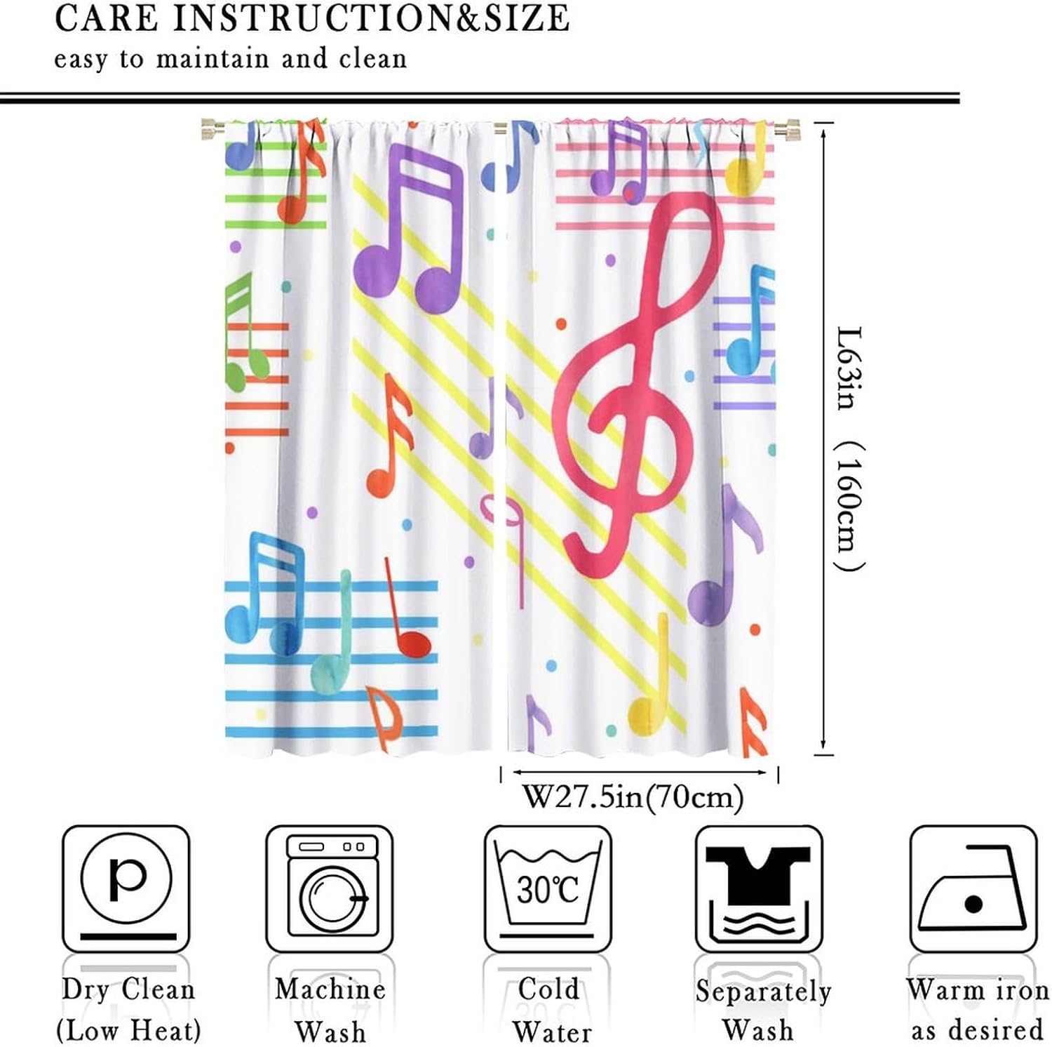 Cortinas con notas temáticas musicales, coloridas y abstractas modernas, con estampado de símbolos de música moderna, cortinas opacas con