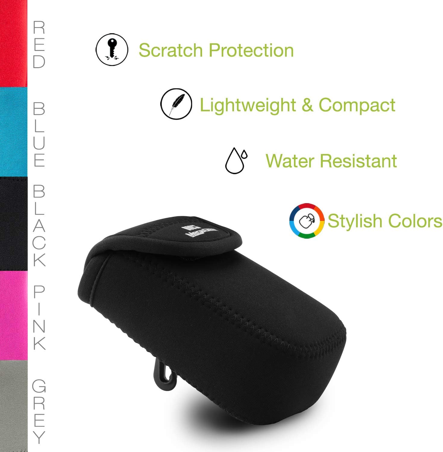 MegaGear Nikon Coolpix W300, AW130, Ricoh WG-30W, WG-50 Funda de neopreno ultra ligera para cámara, con mosquetón, color negro, MG1276, piel