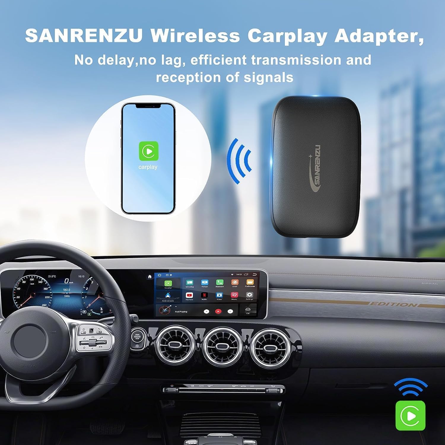 Adaptador inalámbrico CarPlayAdaptador automático Android – Caja inteligente 4 en 1 con ranura para tarjeta Micro SD Soporte en línea Netflix