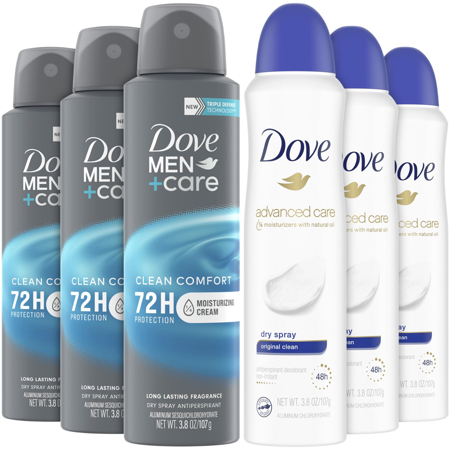 Dove Desodorante en aerosol para hombres + Care + Dove Advanced Care Desodorante para mujeres, desodorante en aerosol seco antitranspirante para