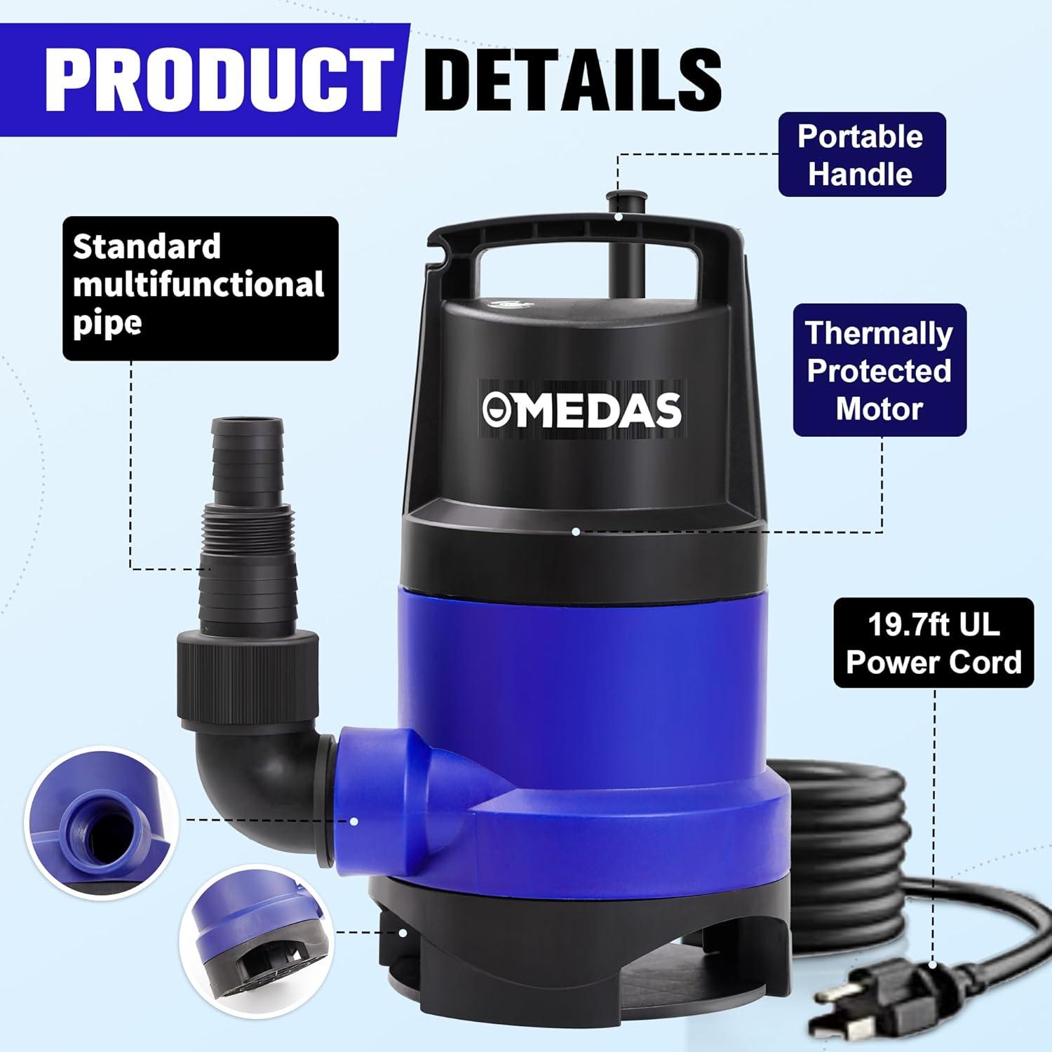 MEDAS 1HP 3434 GPH Bomba de sumidero sumergible limpiasucia bomba de agua portátil con cable de 16.4 pies para piscina, jardín, sótano, tina,