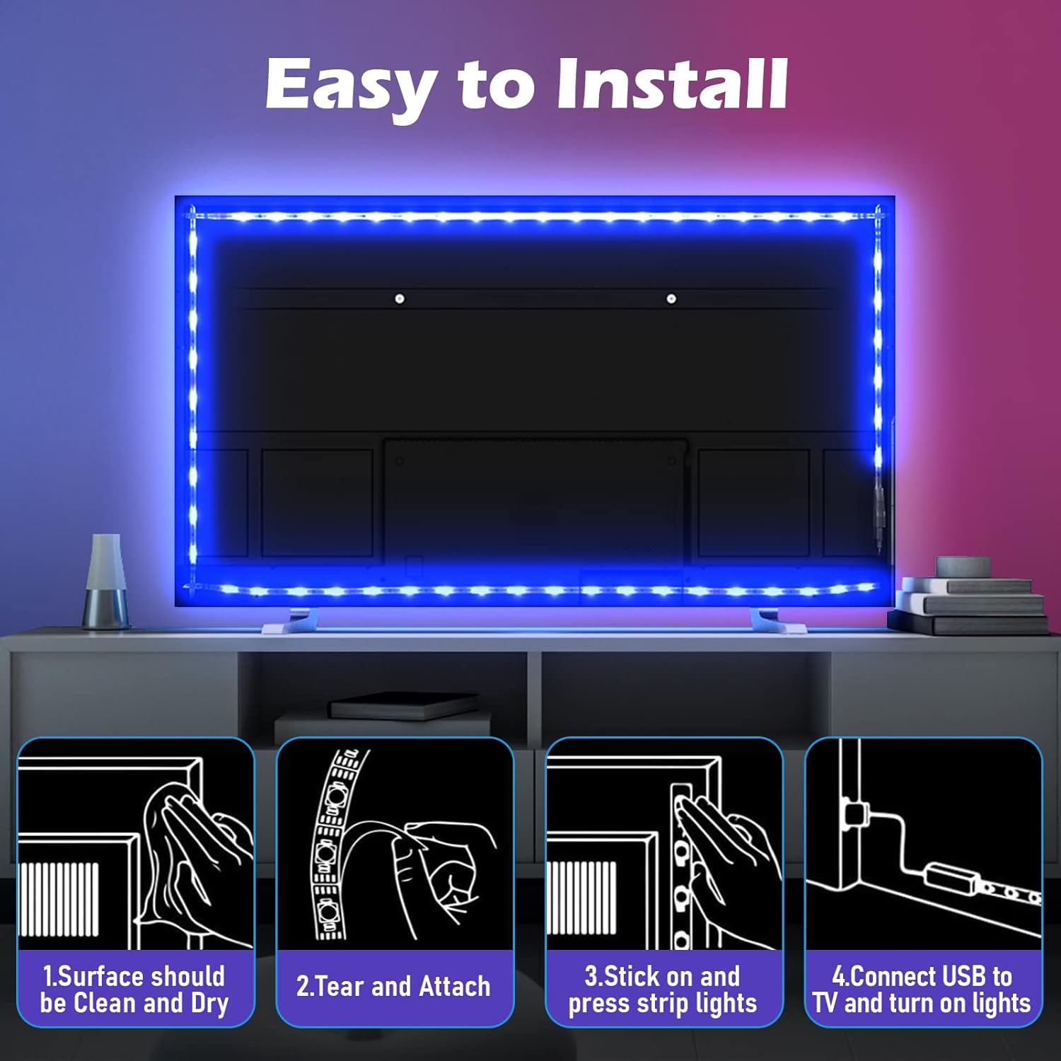 Tira de luces LED para TV, tira de luces LED alimentadas por USB de 13.12 pies para TV detrás de 32 a 65 pulgadas, luces RGB que cambian de color