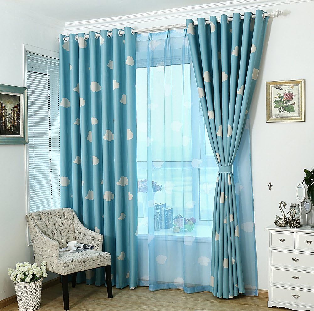 GYROHOME Cortina de nube azul y blanca con ojales en la parte superior, aislamiento térmico, oscurecimiento de habitación, ahorro de ruido,
