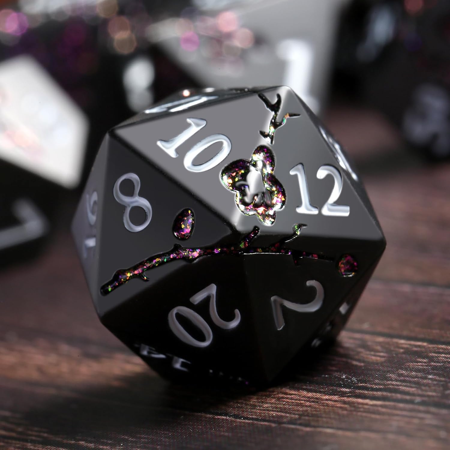 DNDND – Dados de metal morado con purpurina, 7 piezas de dados DND metálicos con diseño de flores y caja de regalo para juego de mesa de Calabozos y