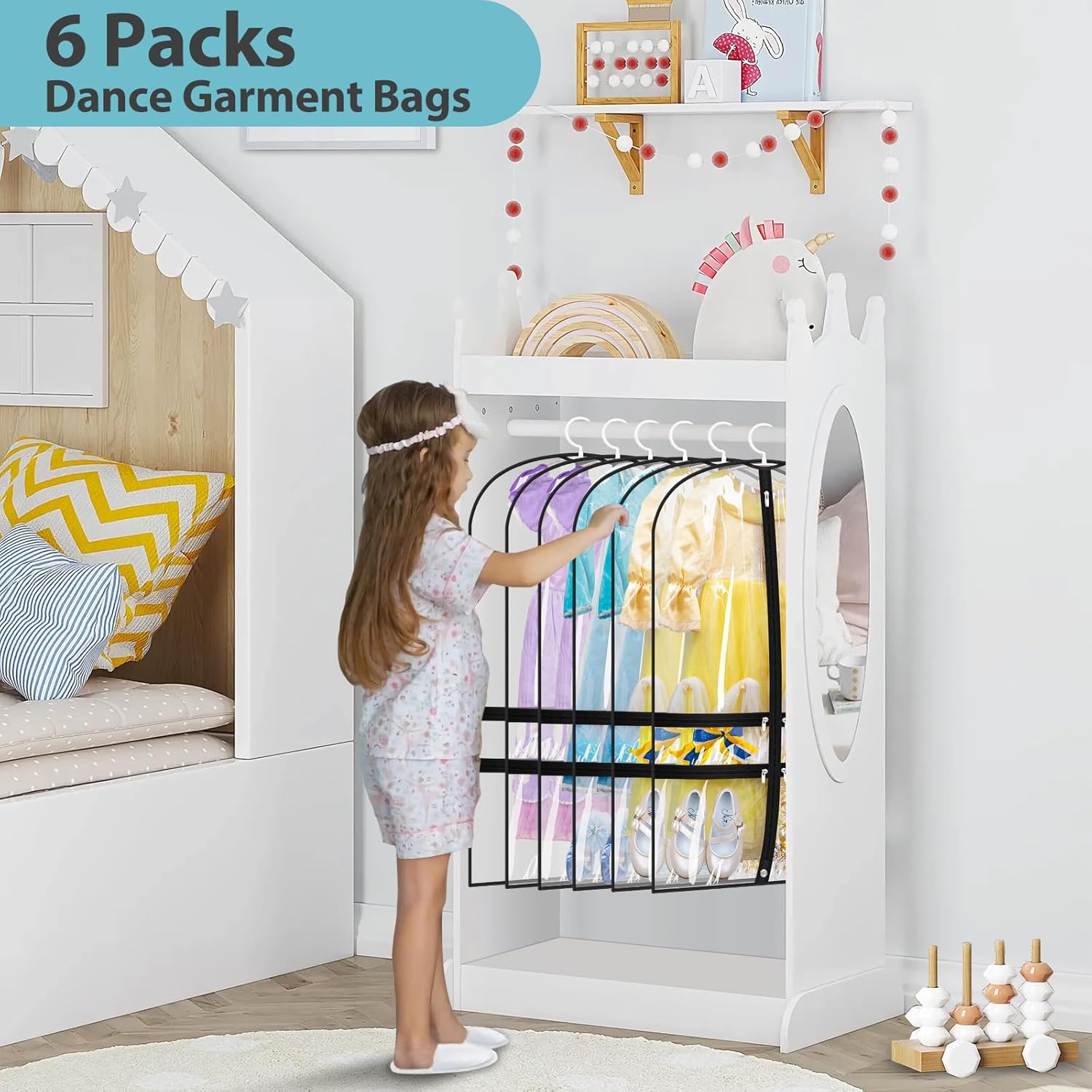 SLEEPING LAMB Paquete de 6 bolsas transparentes para ropa de baile para bailarines con 4 bolsillos, bolsa de ropa de baile de 40 pulgadas para niños