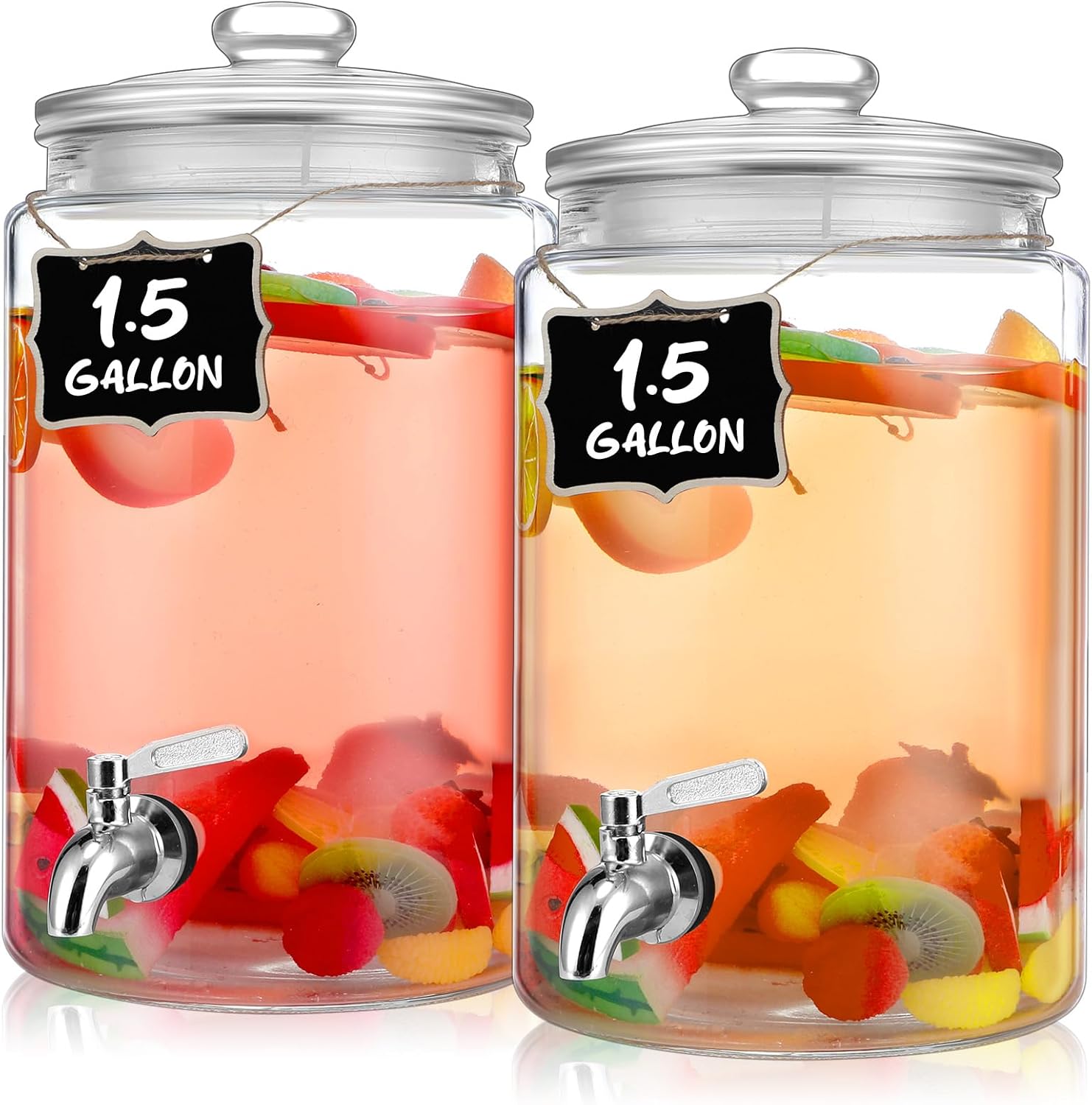 Dispensador de bebidas de vidrio para fiestas, dispensador de bebidas con espita de acero inoxidable y pizarra para frasco, bebida, agua y jugo (1.5