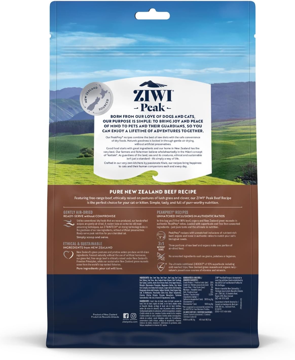 ZIWI Peak Alimento para gatos secado al aire, totalmente natural, alto en proteínas, sin granos e ingredientes limitados con superalimentos (carne