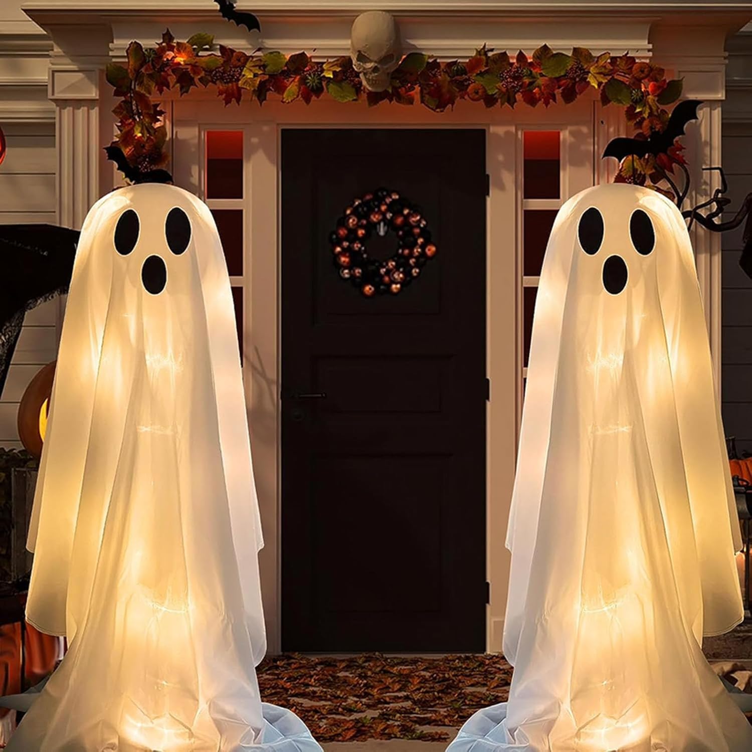 2 piezas de fantasmas de Halloween iluminados para colgar al aire libre, suministros de fiesta espeluznantes para abrazar árboles, fantasmas