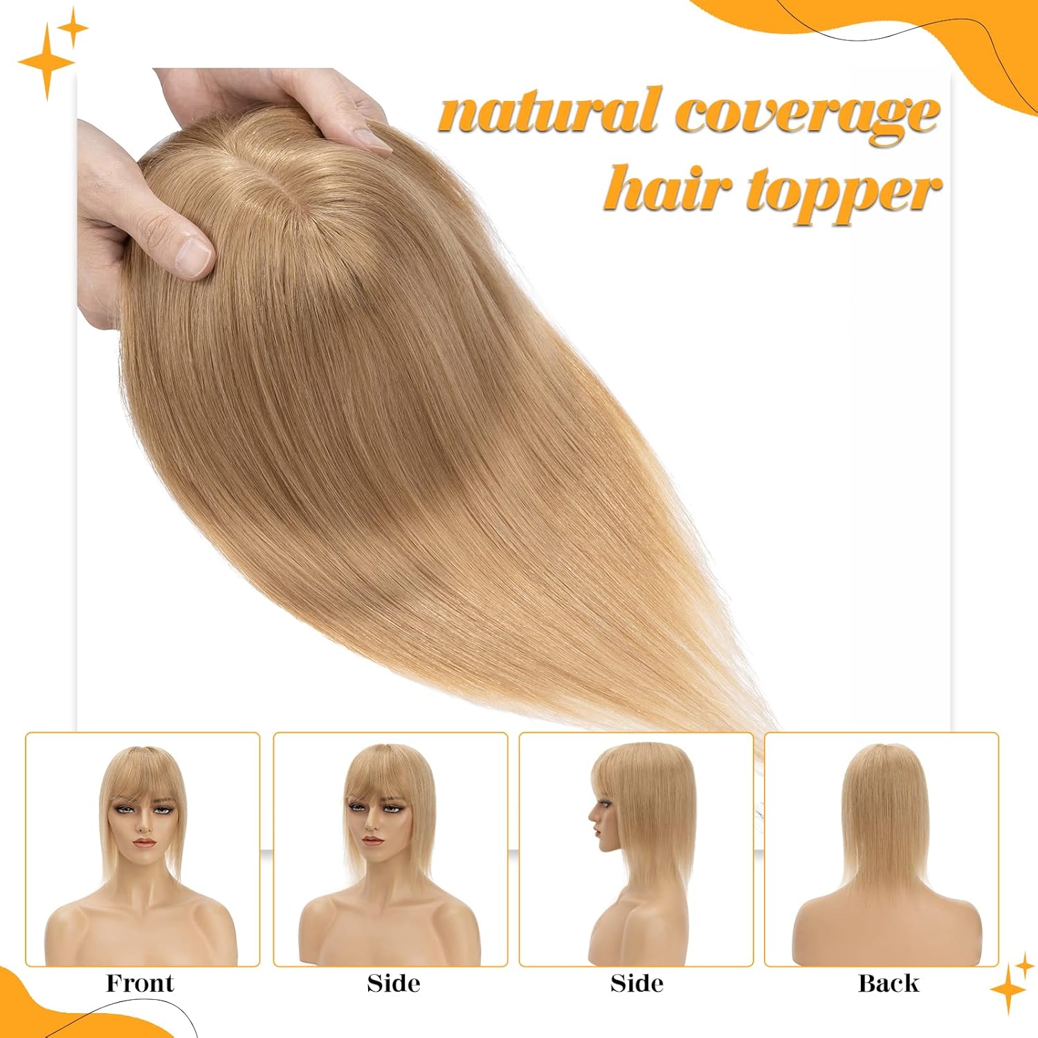 S-noilite Toppers para el cabello humano real con flequillo, 6 pulgadas, color rubio oscuro #27, base de seda, clip en la parte superior para