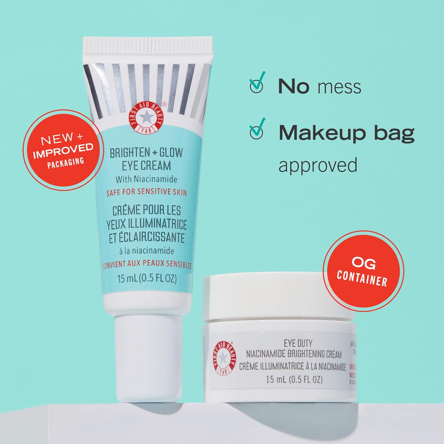 First Aid Beauty Brighten + Glow Niacinamide Eye Cream  Crema iluminadora iluminadora para ayudar a hidratar y reducir el aspecto de las ojeras  0.5